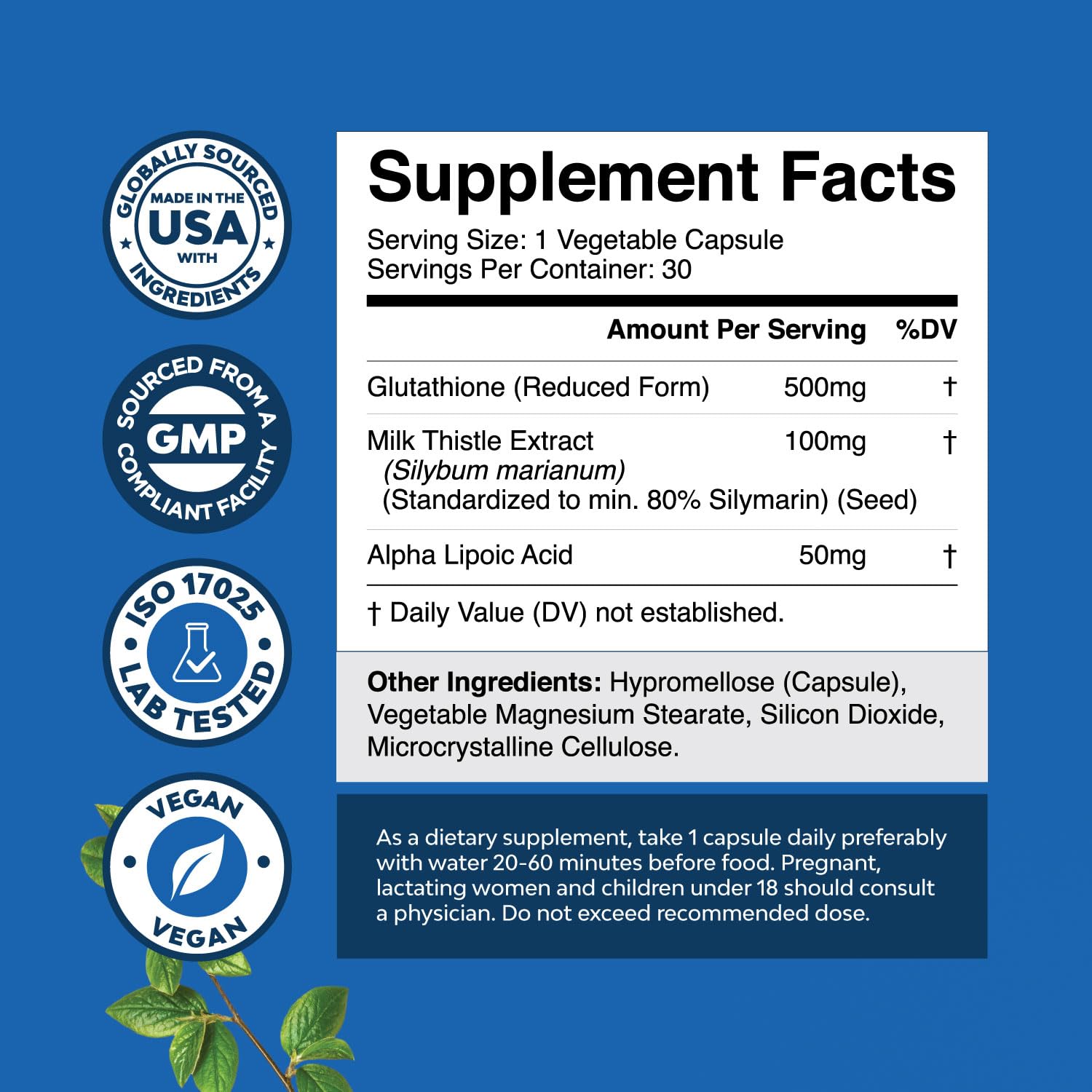 Close-up of label on glutathione milk thistle supplement bottle