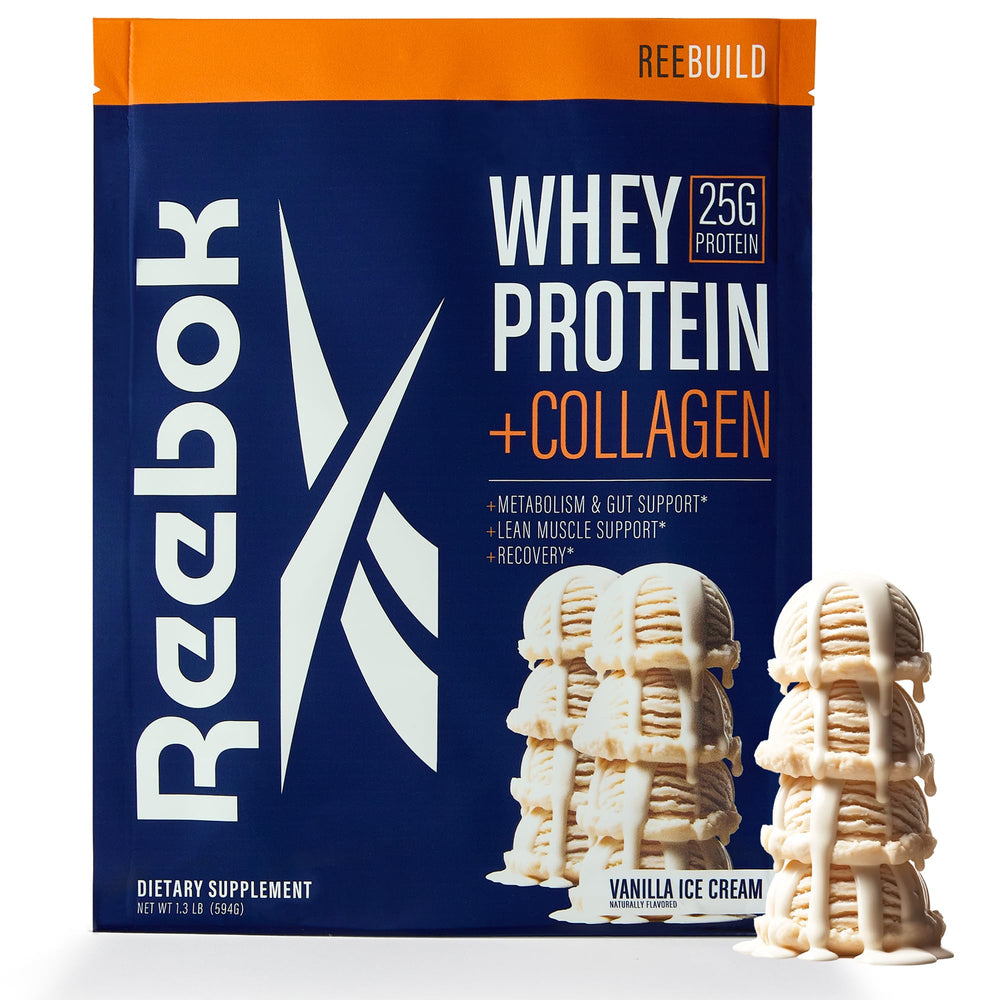 Reebok ReeBuild whey protein powder tub—muscle recovery and joint support.