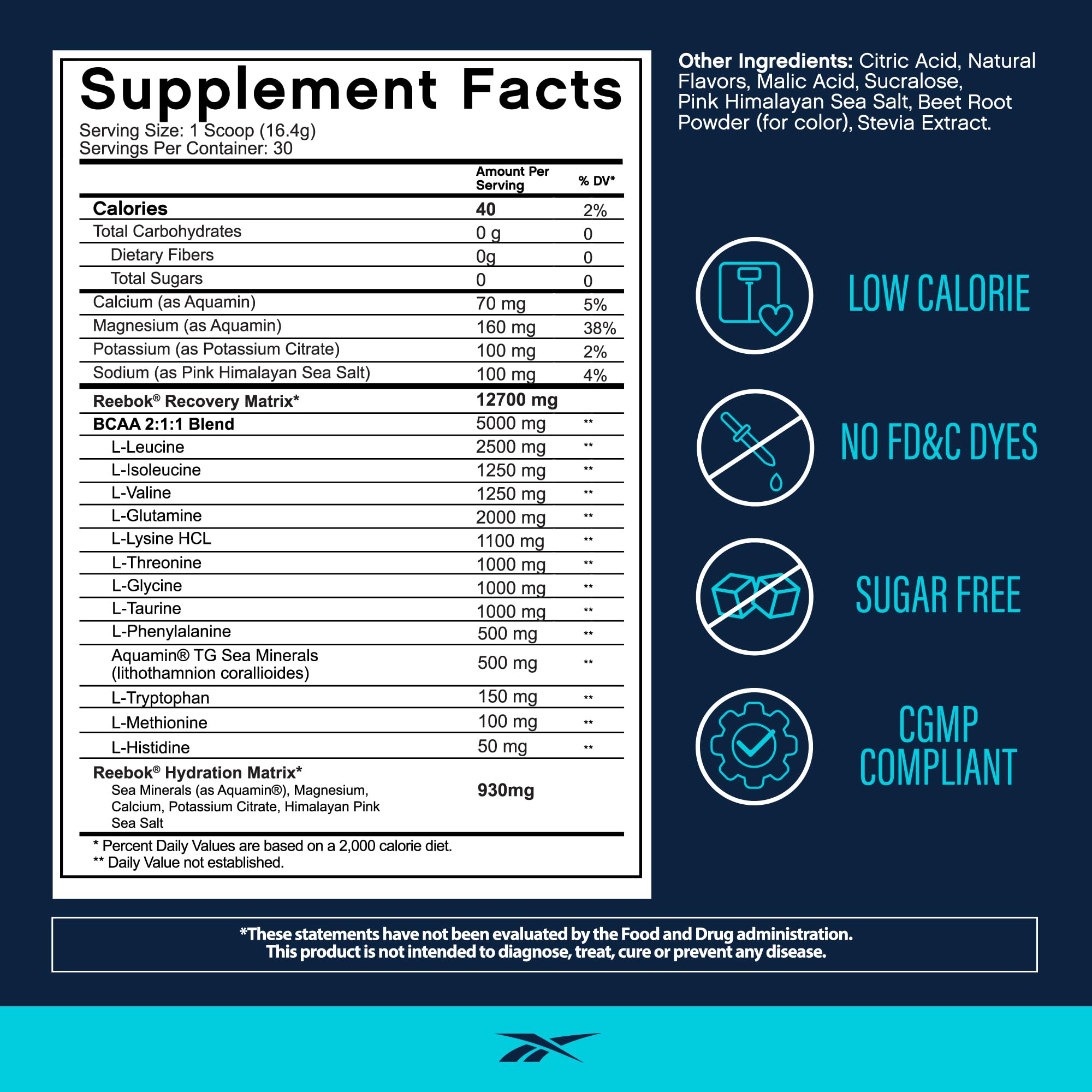 REECover nutrition panel showing 8g EAAs and 5g BCAAs