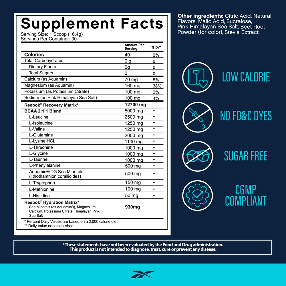 REECover nutrition panel showing 8g EAAs and 5g BCAAs