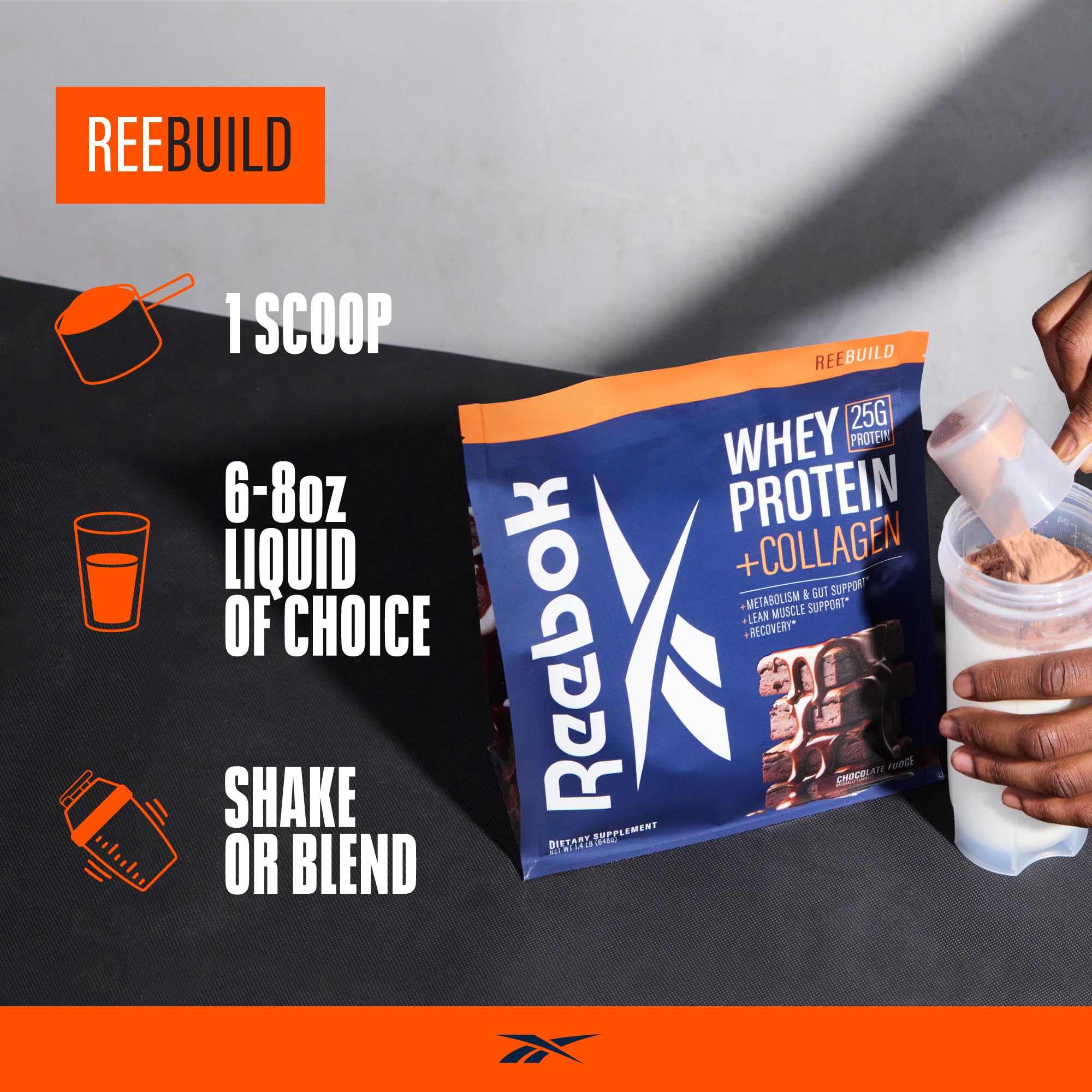 Reebok ReeBuild Chocolate Fudge with collagen peptides illustrates joint and gut support potential.