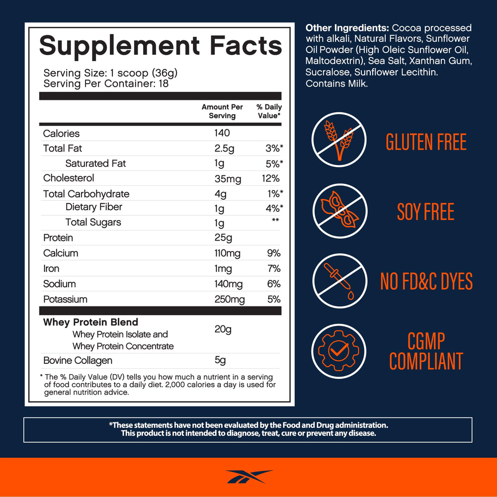 Reebok ReeBuild Chocolate Fudge shake in glass shows smooth, clump-free mixing for daily protein.