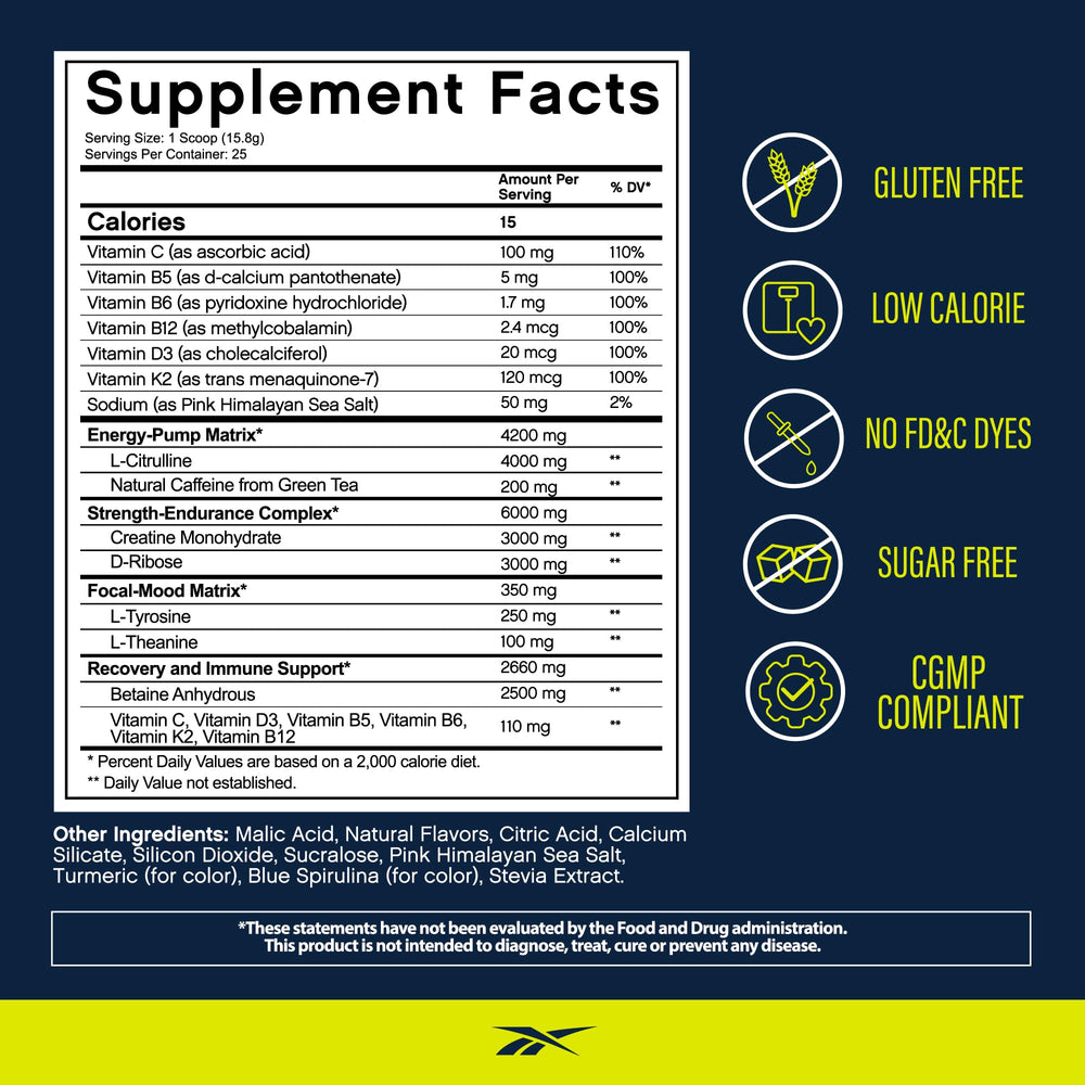 Reebok ReeEnergize scoop showing precise pre-workout dosing for focus