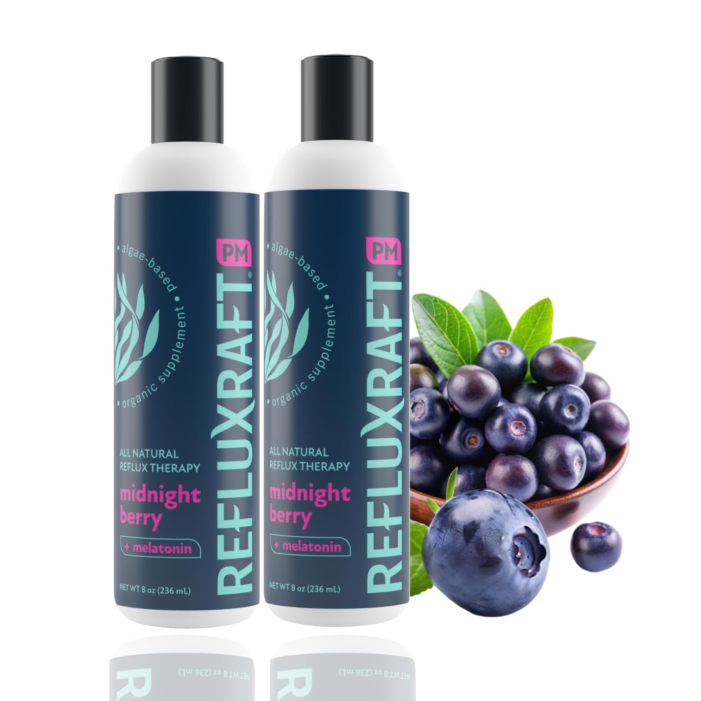 Front view of RefluxRaft PM Midnight Berry bottle