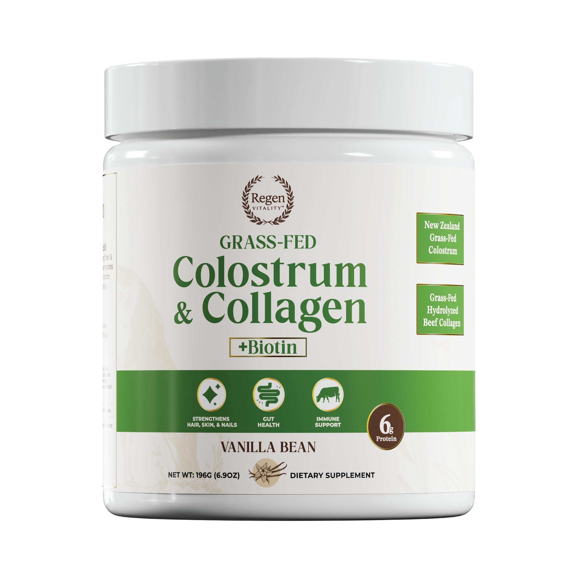 Bottle of Regen Vitality collagen and colostrum powder