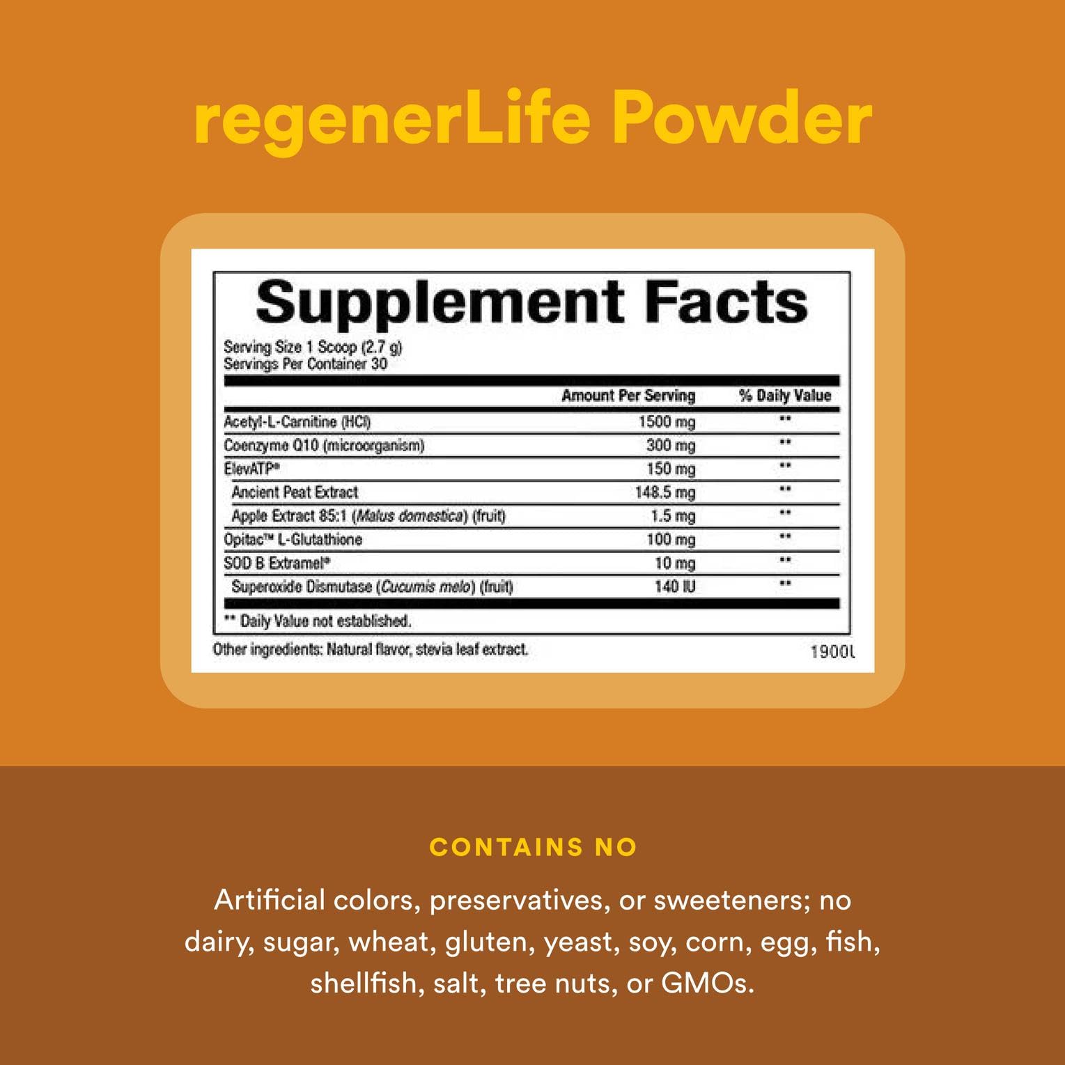 RegenerLife Non-GMO, gluten-free, dairy-free label