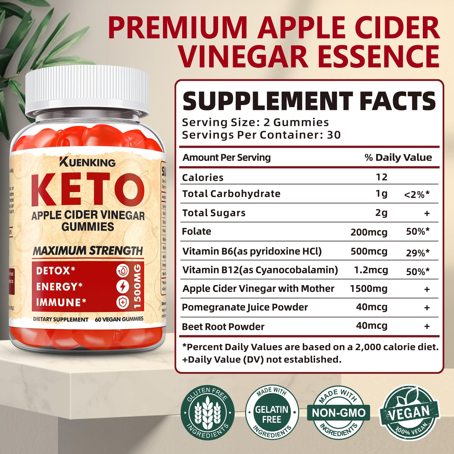 Regio Keto ACV Gummies ingredients panel showing vegan, non-GMO formula.