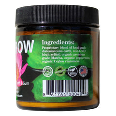 Camera close-up of ingredients: diatomaceous earth, birch xylitol, matcha, peppermint, cinnamon