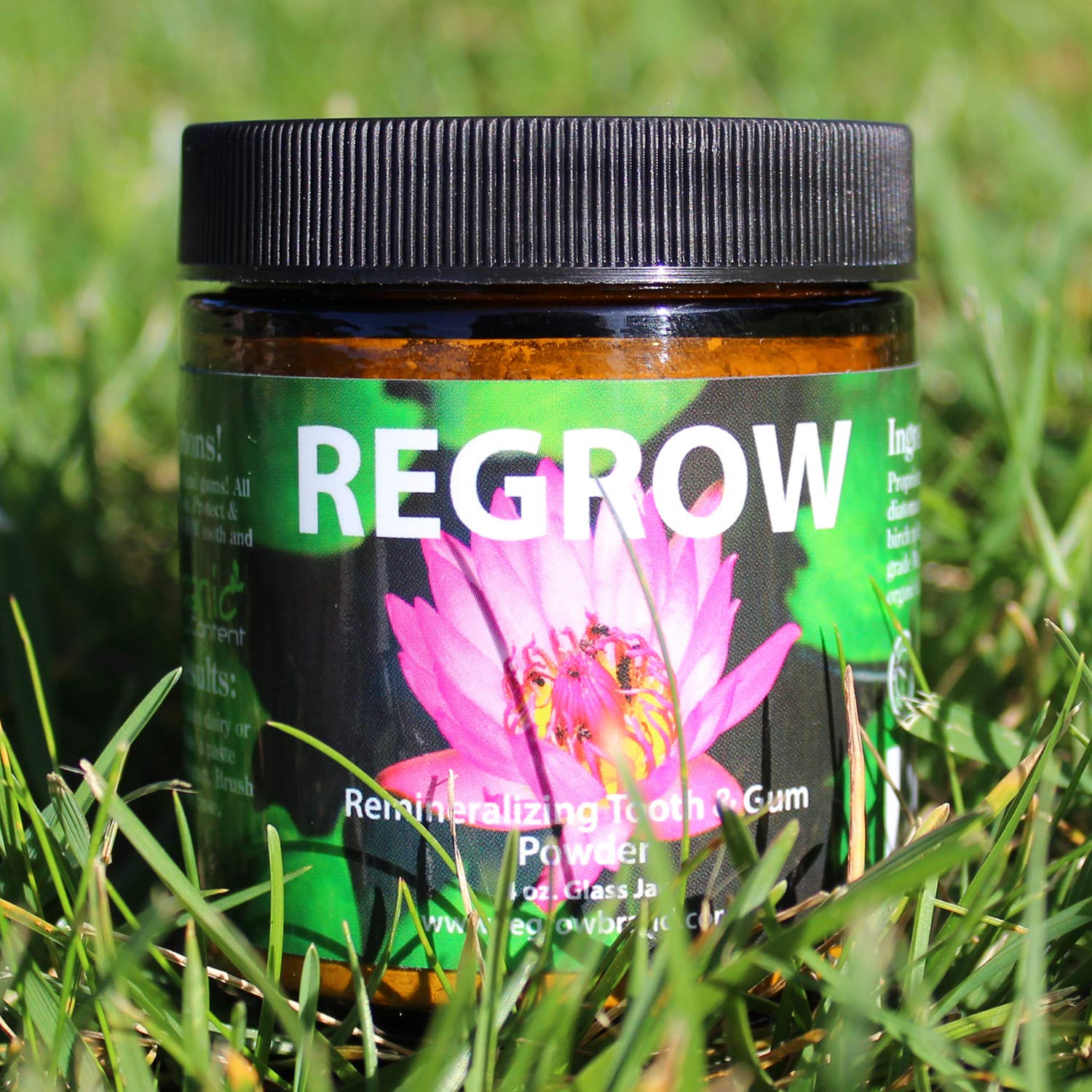Made in USA, vegan-friendly REGROW tooth powder in a glass jar