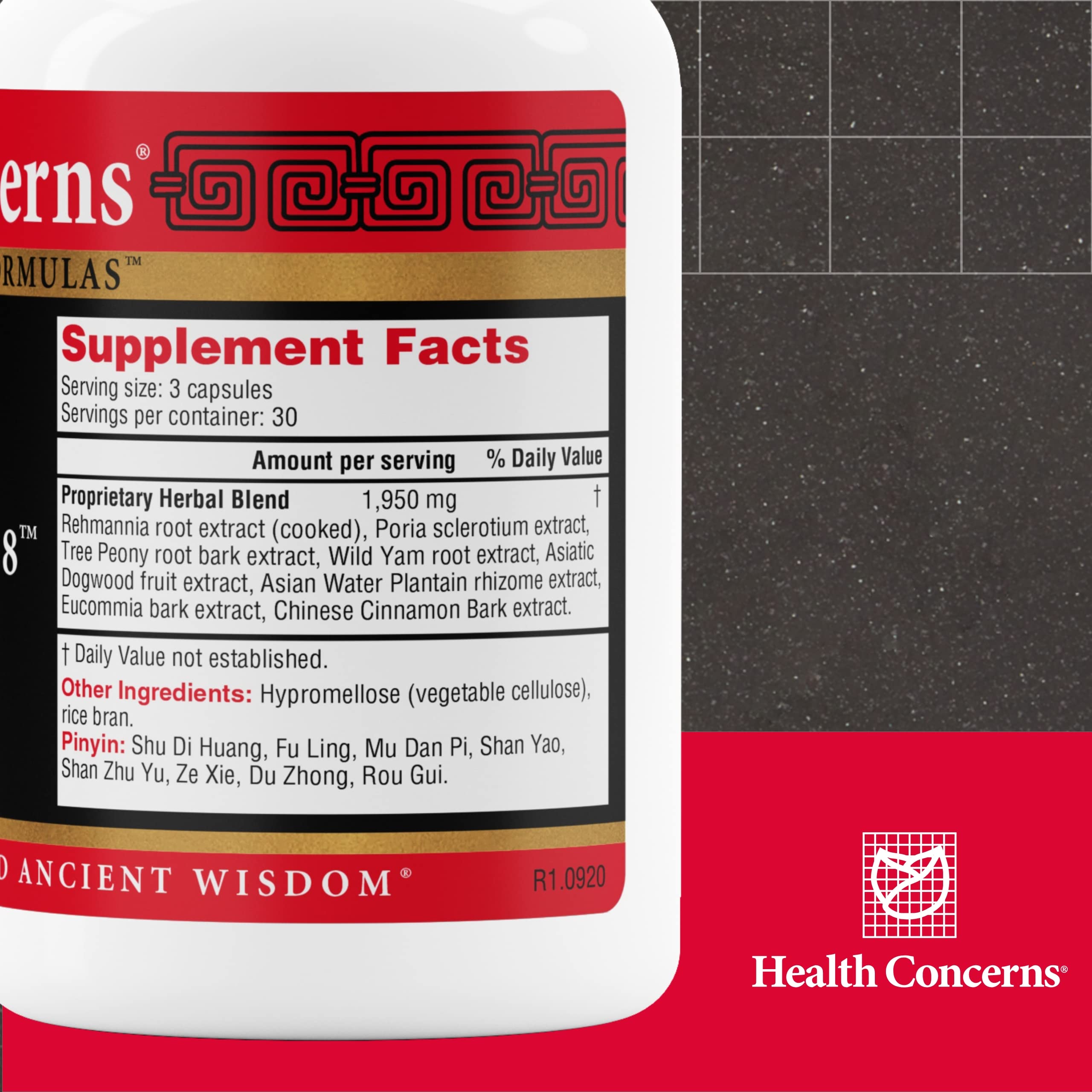 Back view of Health Concerns Rehmannia 8 bottle showing supplement facts