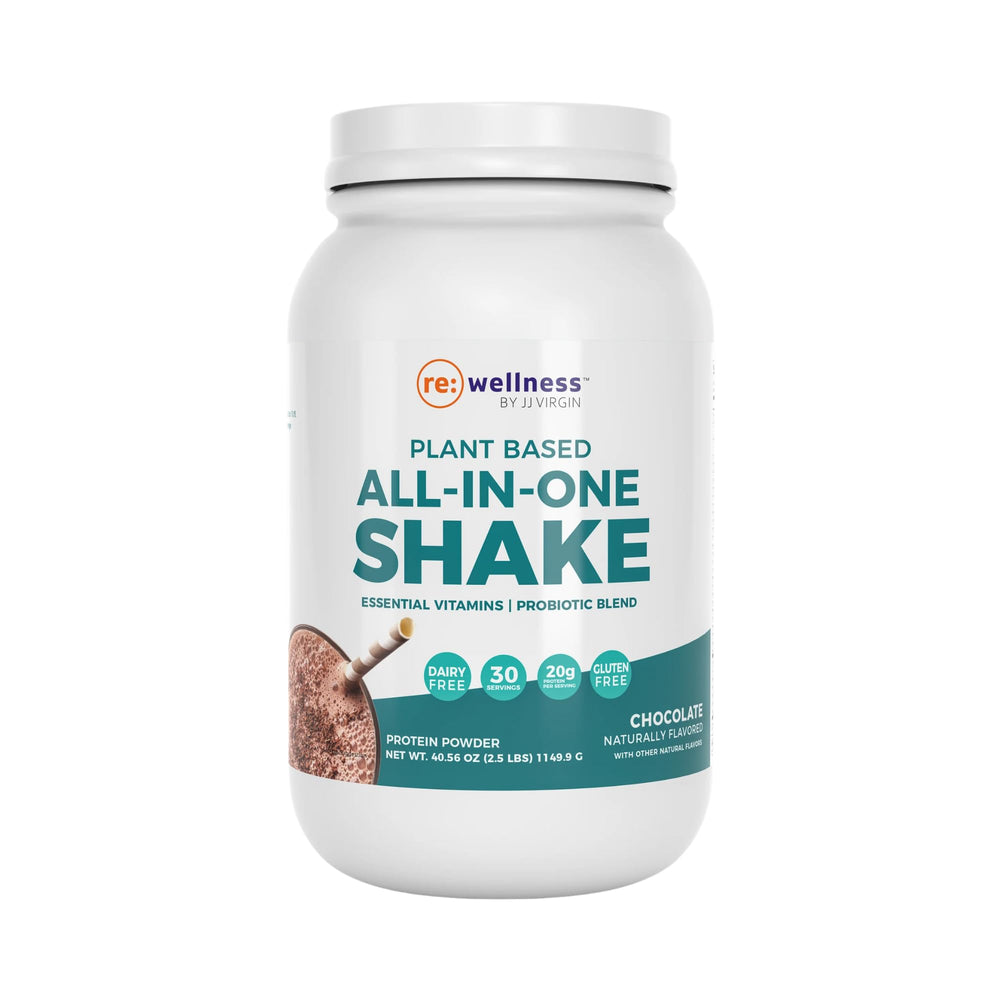 Front view of Reignite Wellness chocolate shake with JJ Virgin branding