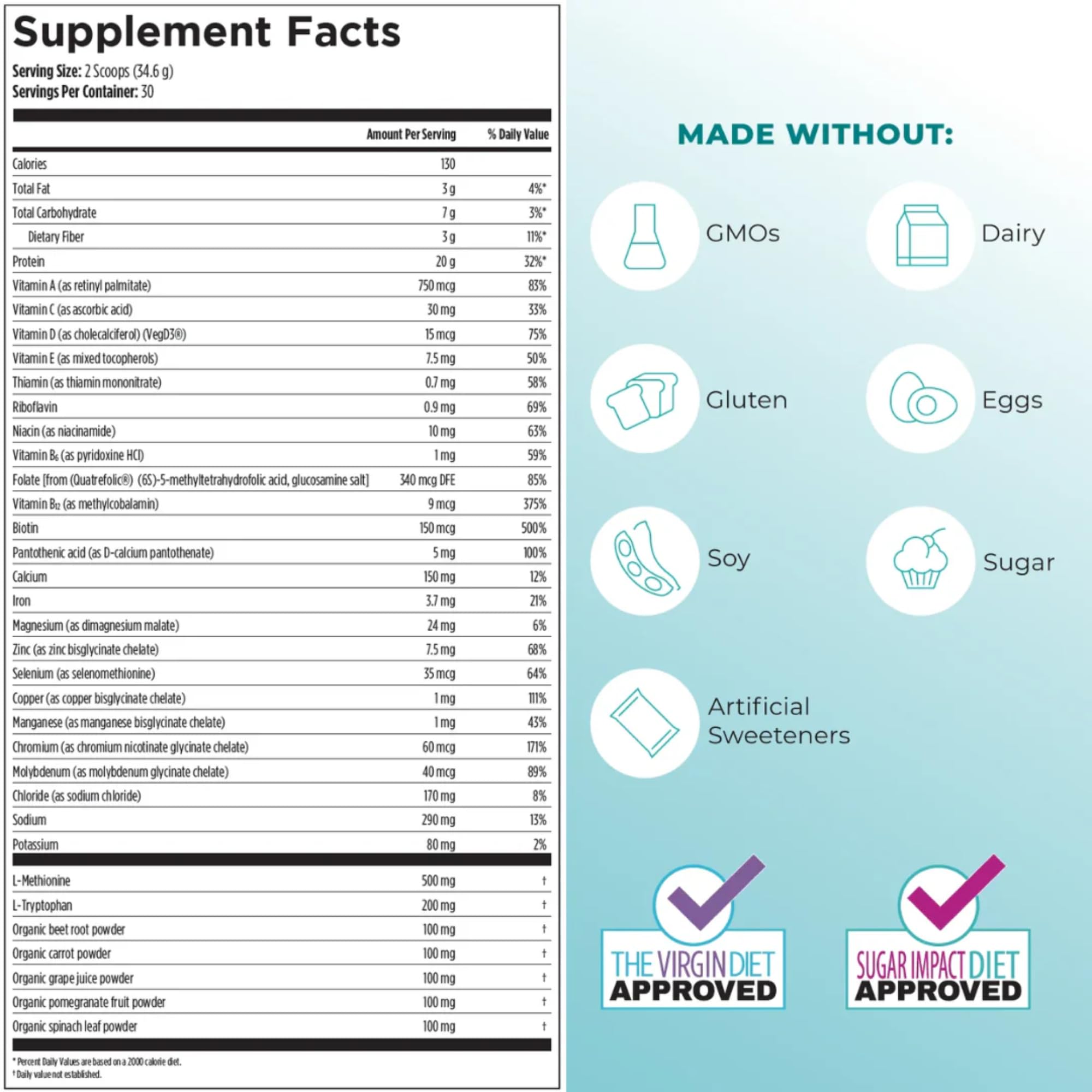 Reignite Wellness vanilla shake scoop with 20 g plant protein and greens.