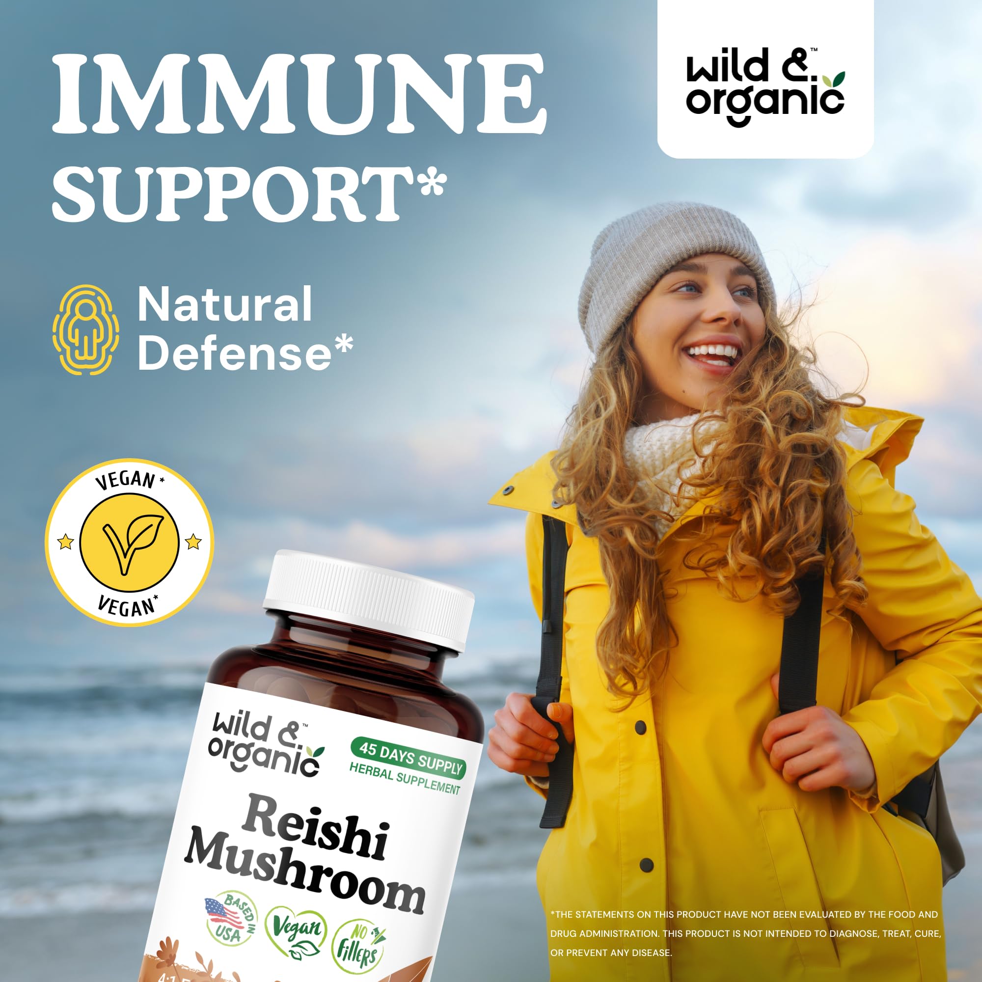 Close-up of Wild & Organic Reishi mushroom capsules (1000 mg)