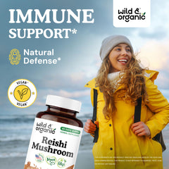 Close-up of Wild & Organic Reishi mushroom capsules (1000 mg)