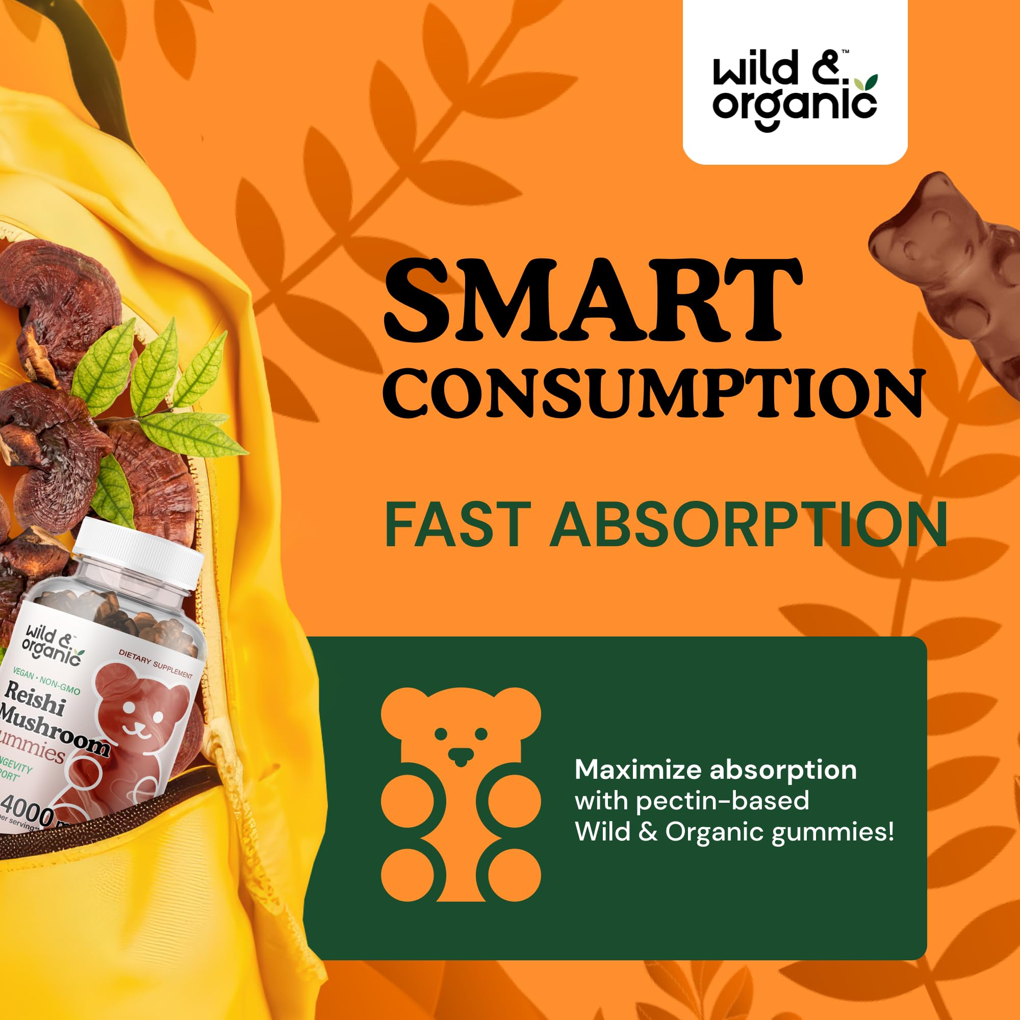 Vegan, non-GMO reishi mushroom gummies with plant-based ingredients