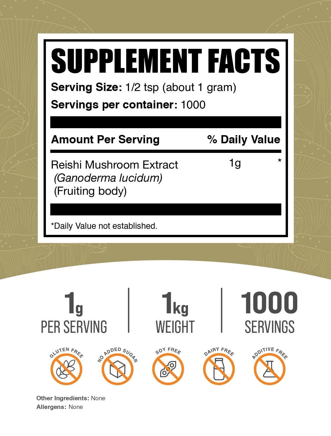 Reishi Mushroom Powder 1g serving label
