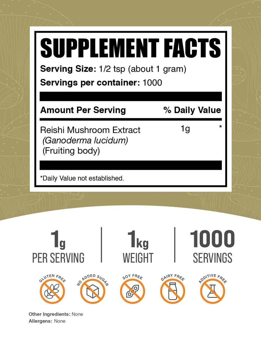 Reishi Mushroom Powder 1g serving label