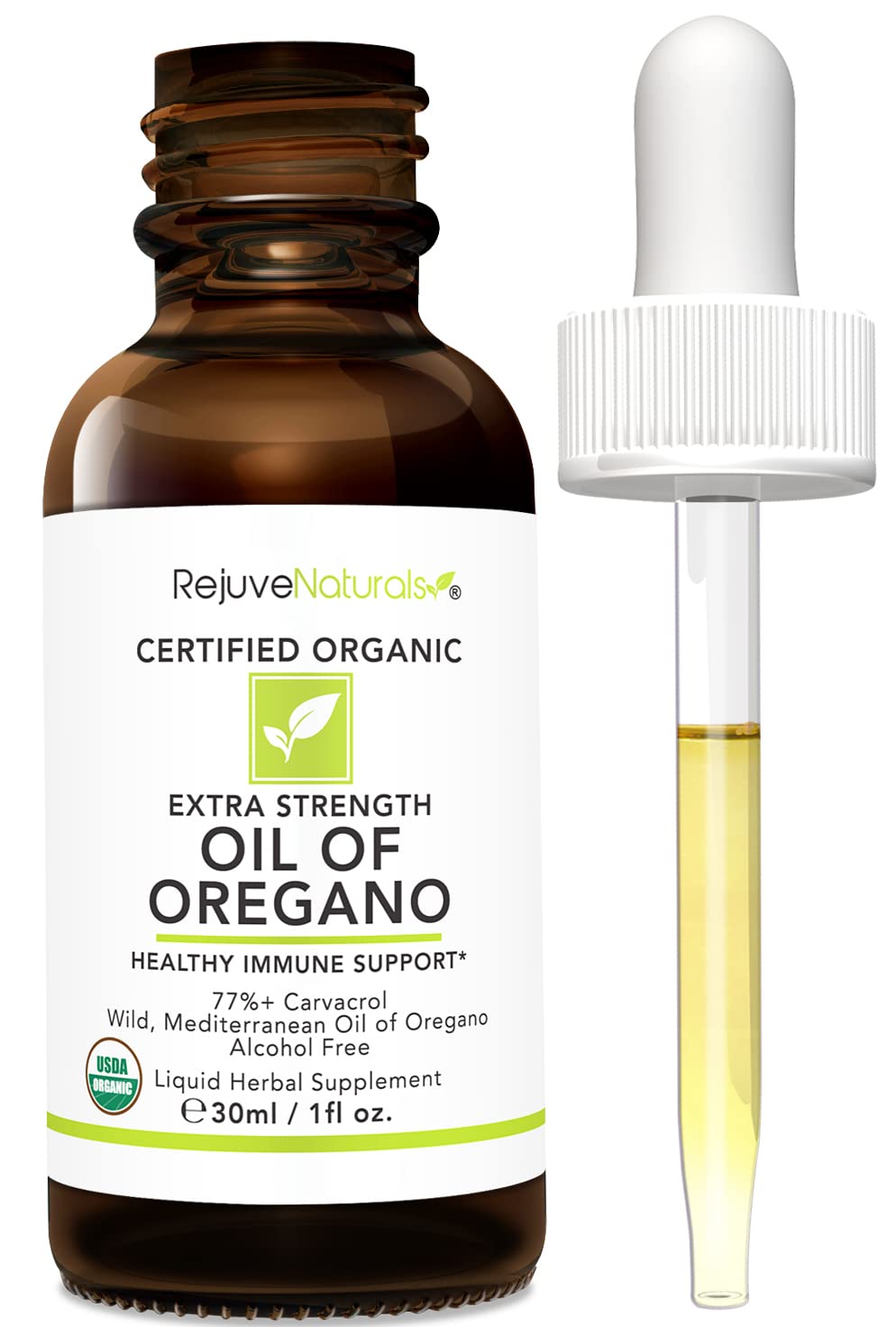 Front view of Rejuve Naturals Extra Strength Organic Oil of Oregano 1 oz bottle