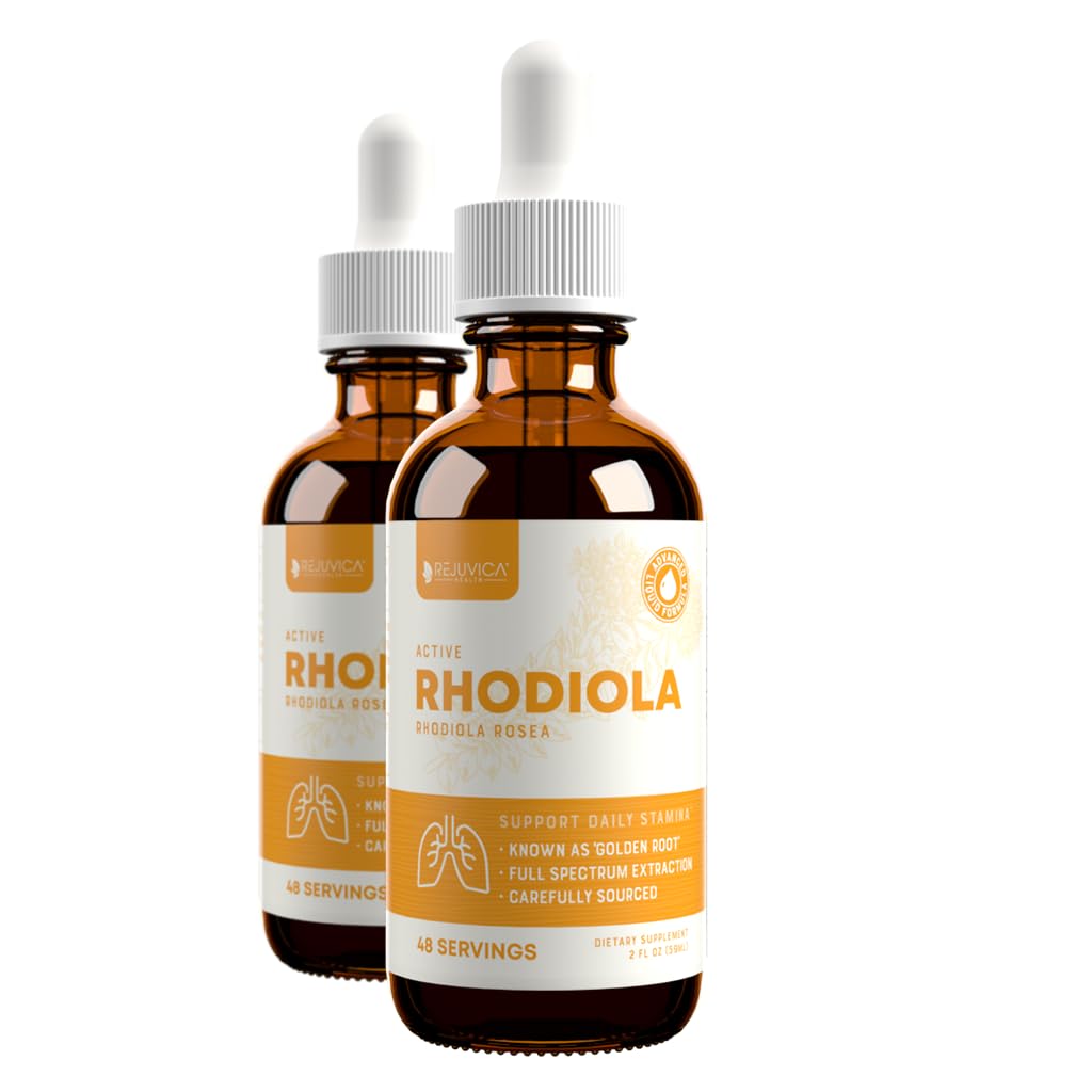 Rejuvica Health Active Rhodiola bottle displays convenient liquid support for steady energy.