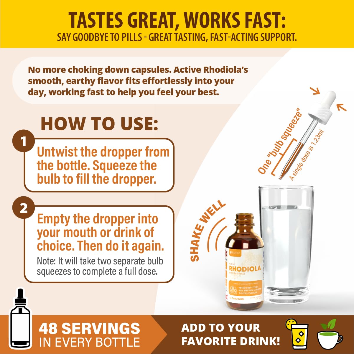 Rejuvica Health Active Rhodiola glass bottle conveys premium, alcohol-free liquid formula.