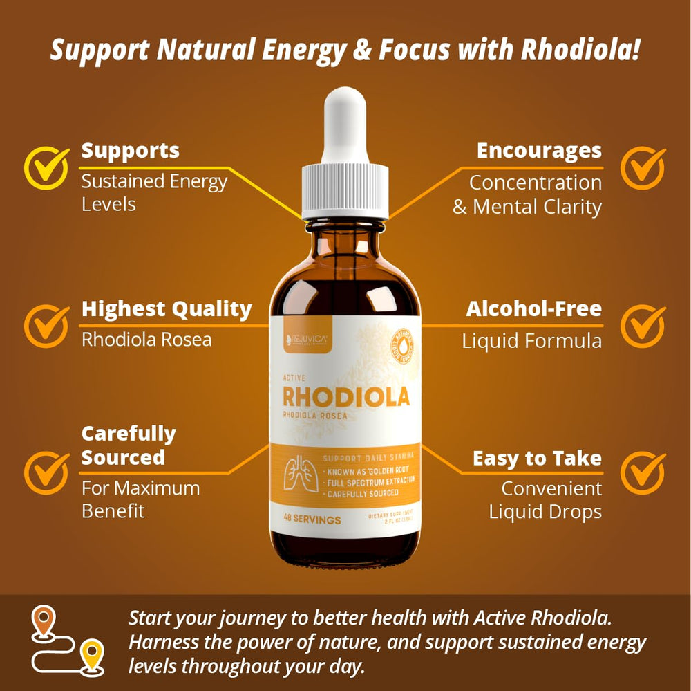 Rejuvica Health Active Rhodiola label highlights key ingredients like rhodiola root extract.