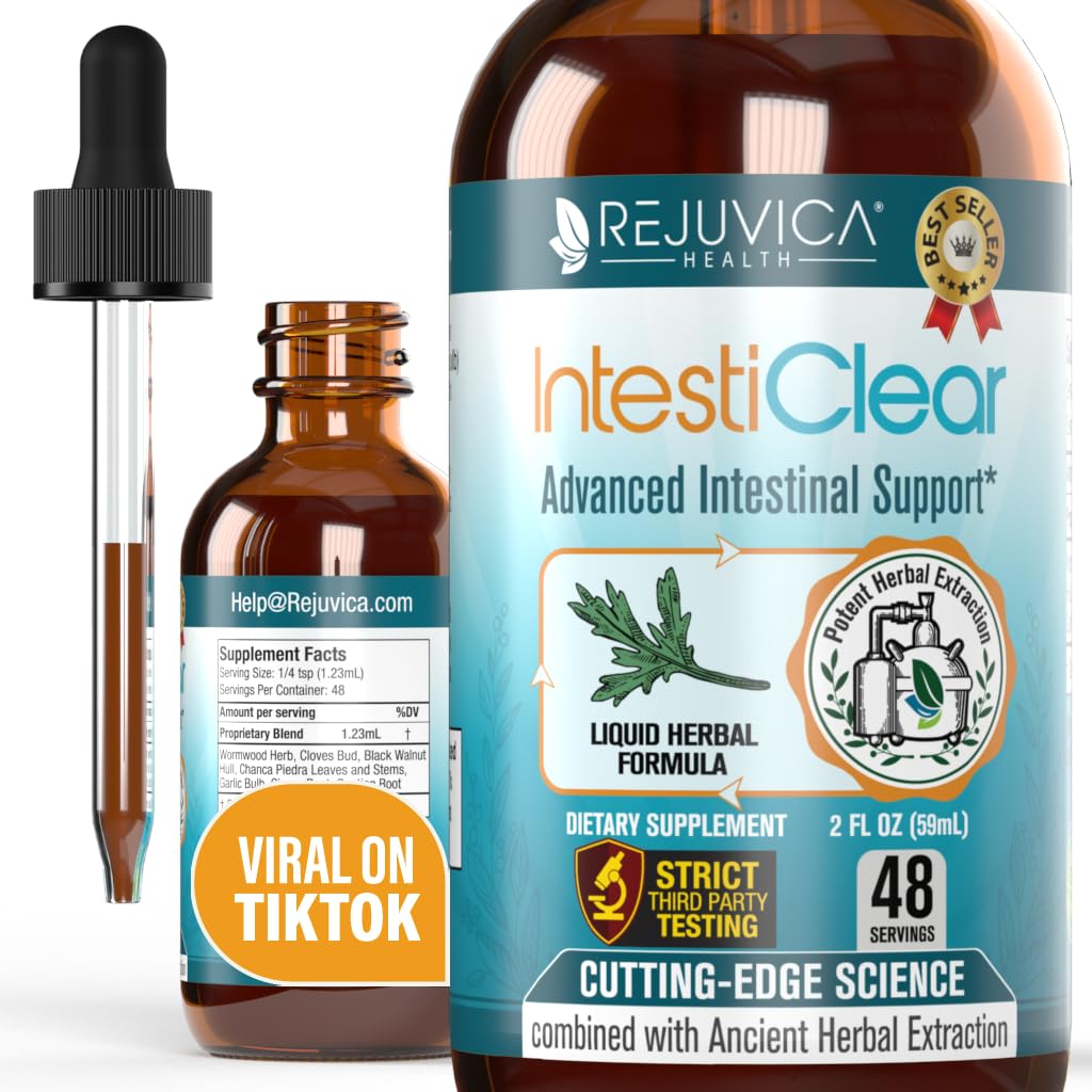 Rejuvica Health IntestiClear bottle closeup highlighting premium herbal blend for digestive support.