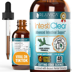 Rejuvica Health IntestiClear bottle closeup highlighting premium herbal blend for digestive support.
