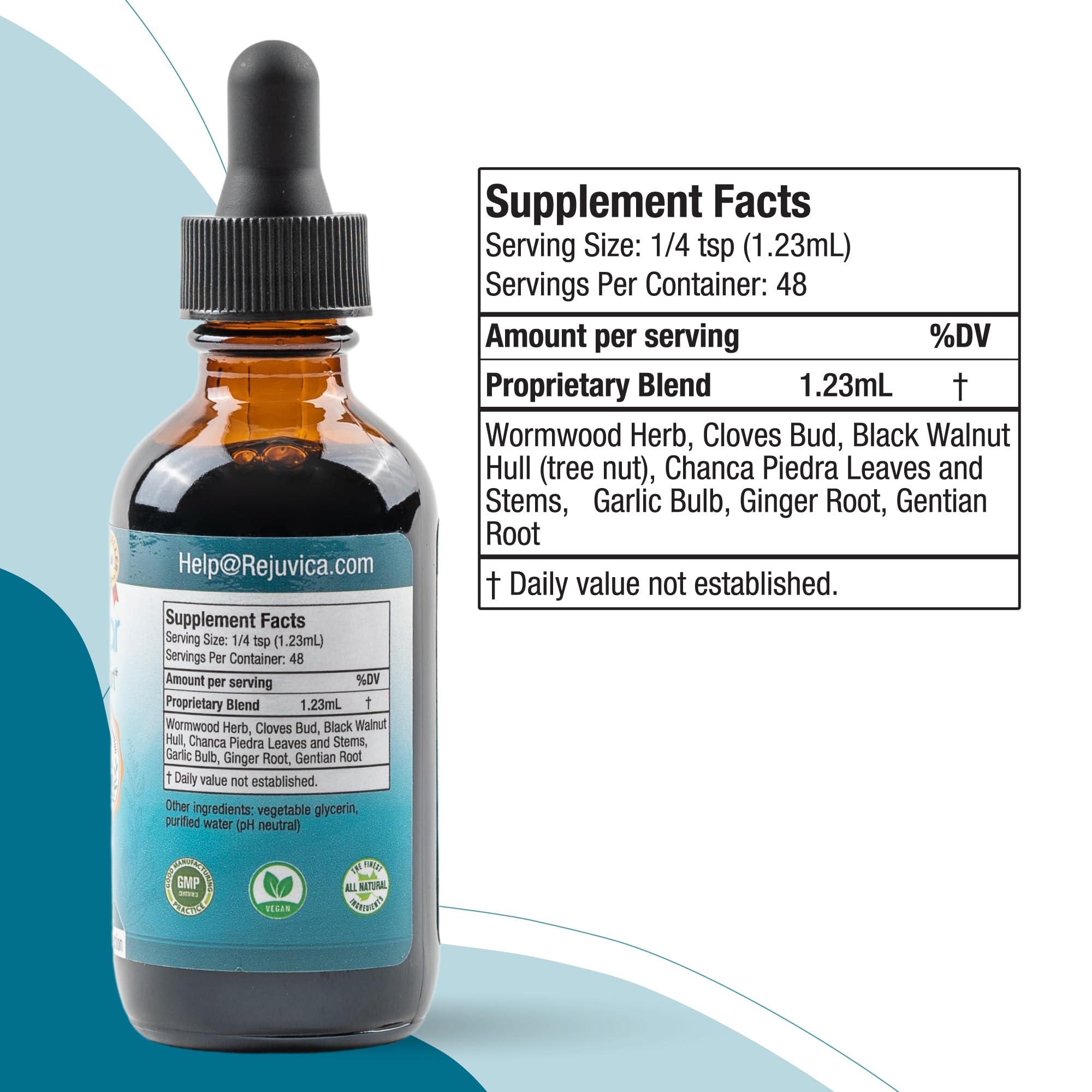 Bottle with label and branding to reinforce trust in Rejuvica Health.