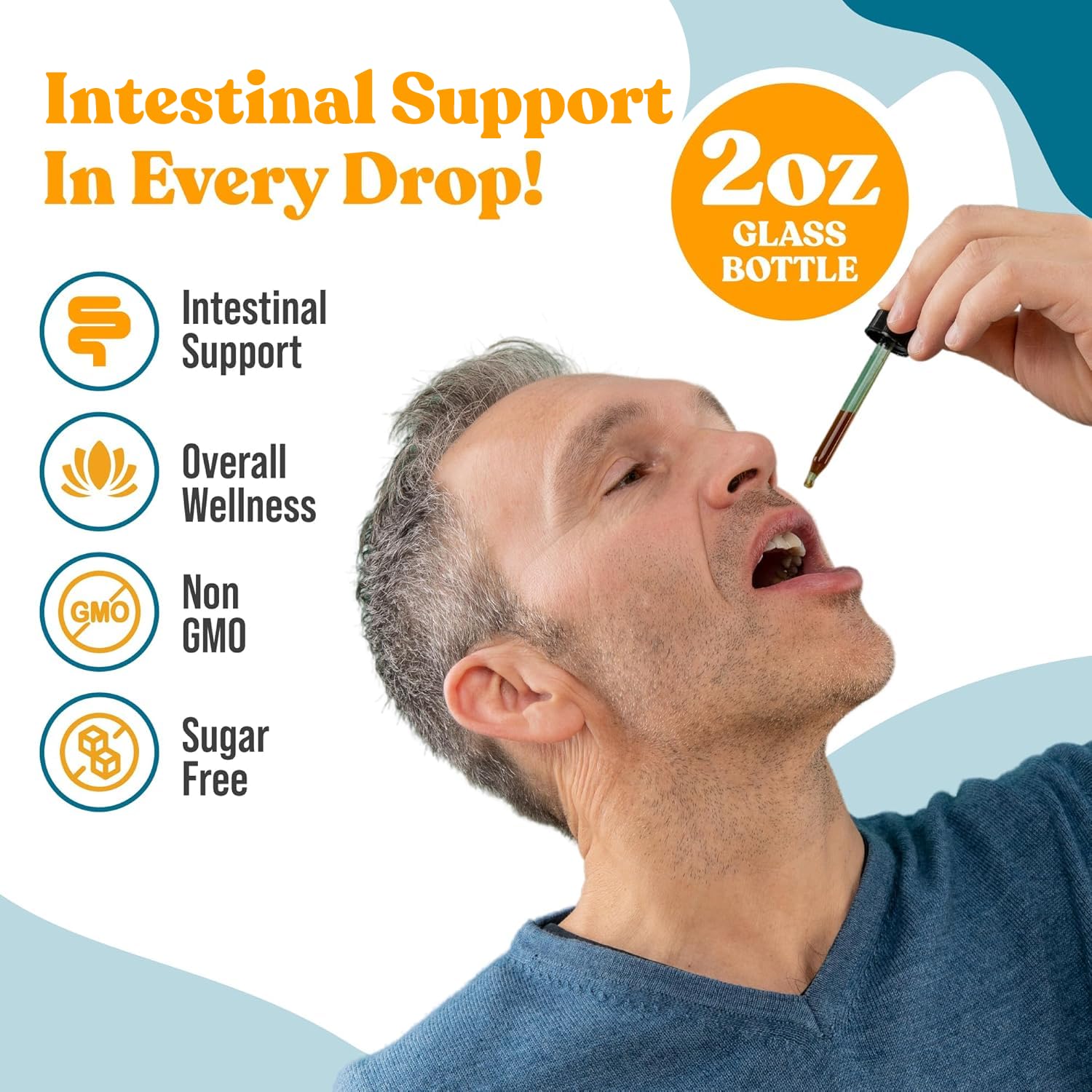 IntestiClear dropper dispenses liquid formula for convenient on-the-go use.