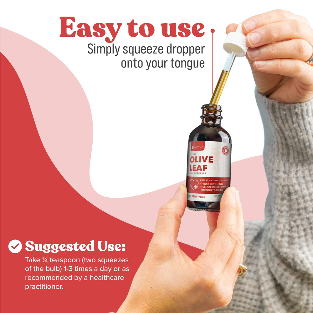 Alcohol-free cold-extracted olive leaf liquid drops on bottle