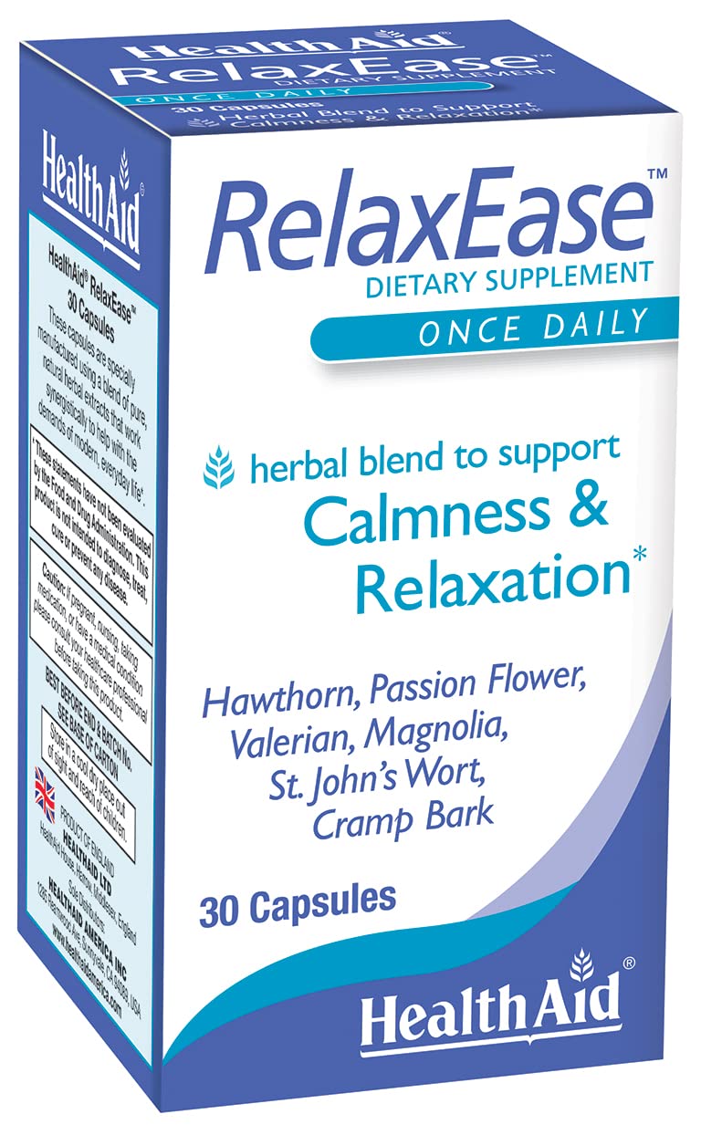 RelaxEase herbal blend capsules bottle, 30 count.