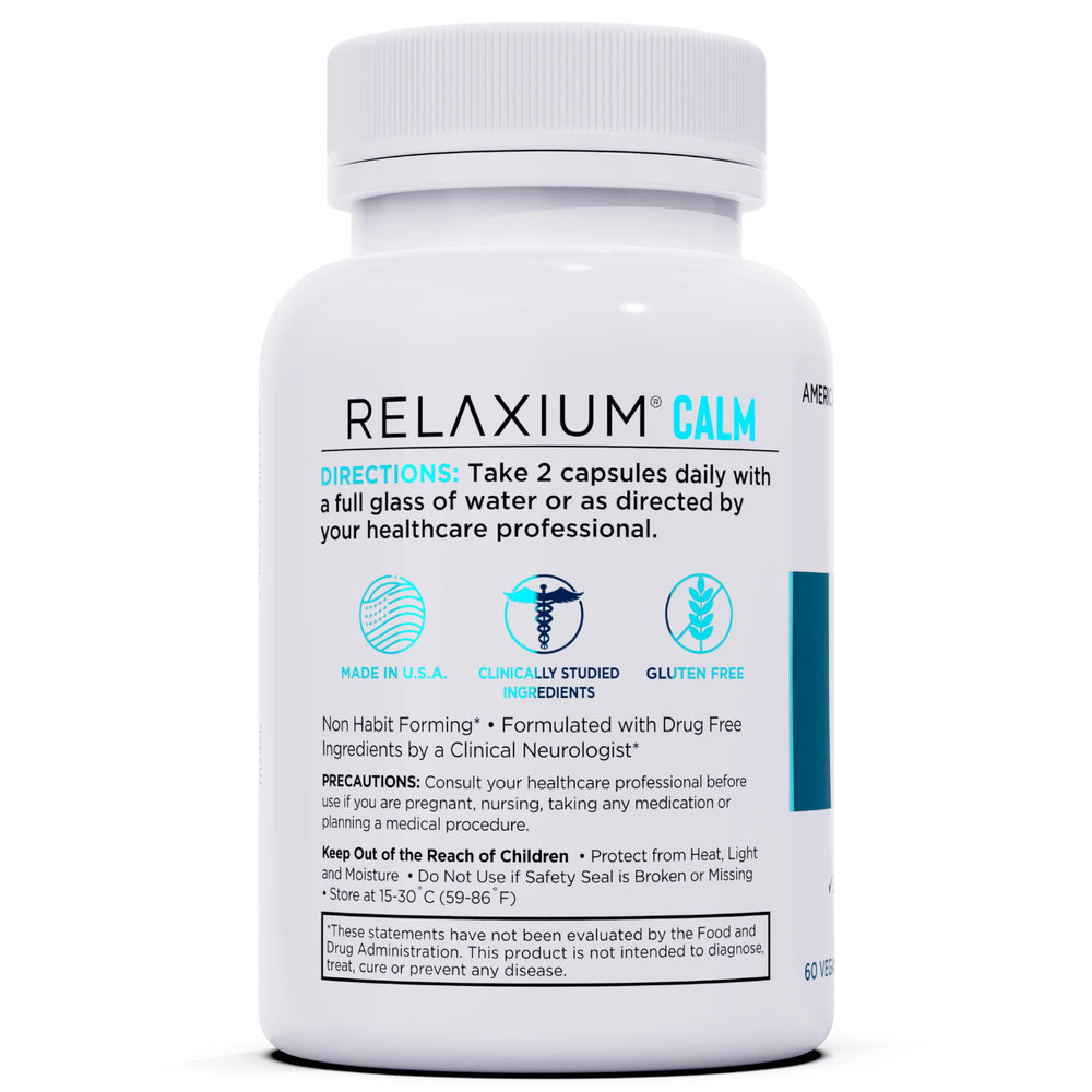 Close-up of Relaxium Calm label highlighting non-habit forming formula