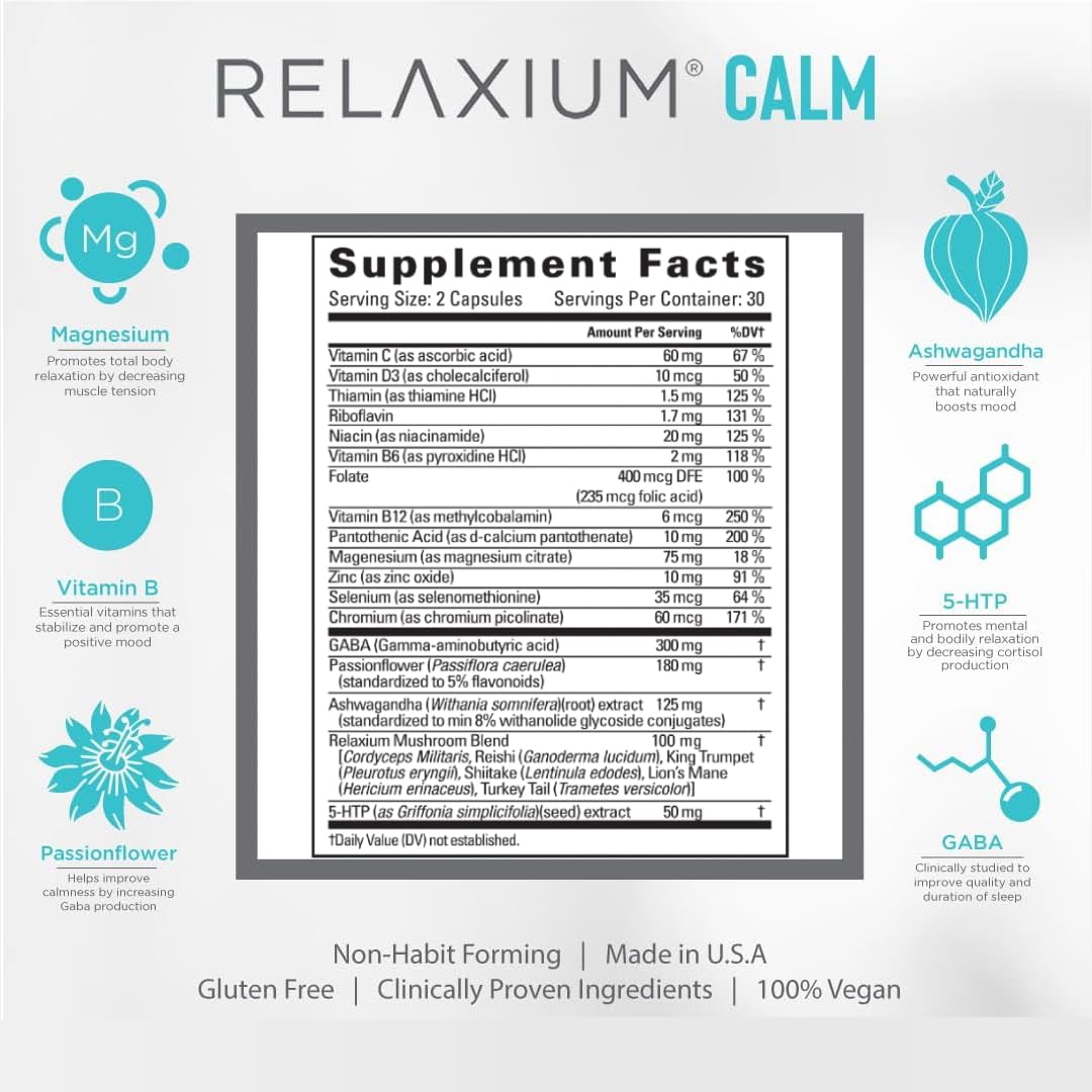 GABA supplement components alongside Relaxium Calm bottle