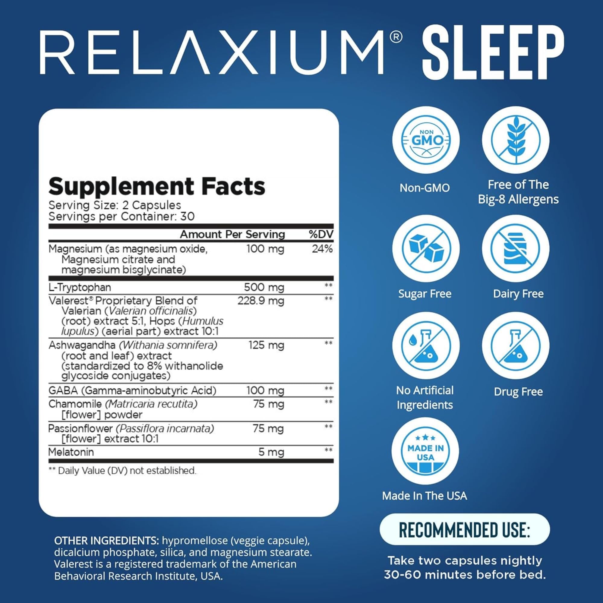 Close-up of Relaxium Sleep Aid ingredients panel