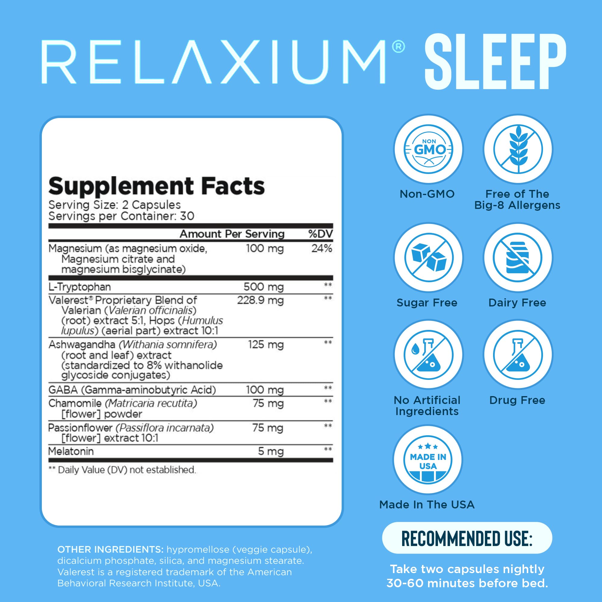 Relaxium Sleep Aid label highlighting non-habit forming formula