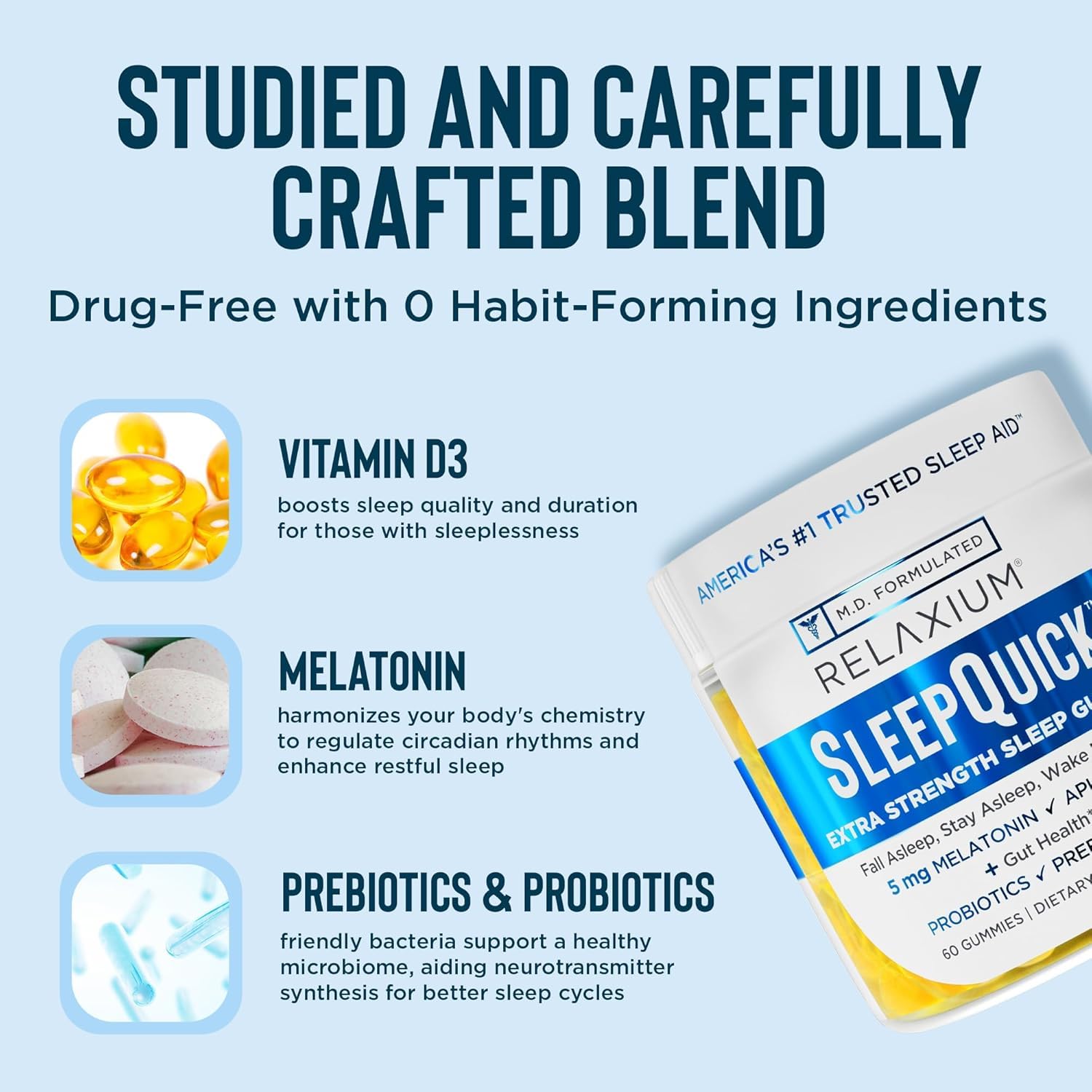 60 lemon-flavored Relaxium Sleep Quick Gummies in bottle