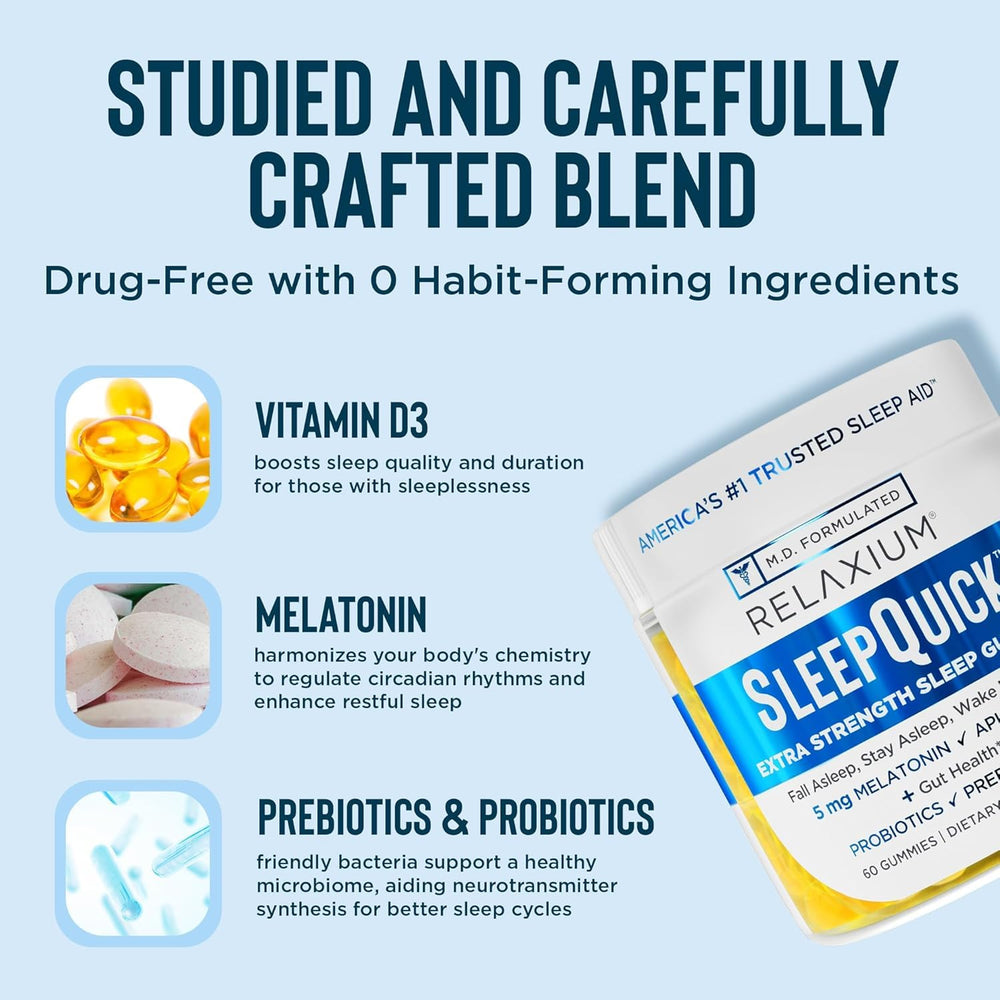 60 lemon-flavored Relaxium Sleep Quick Gummies in bottle
