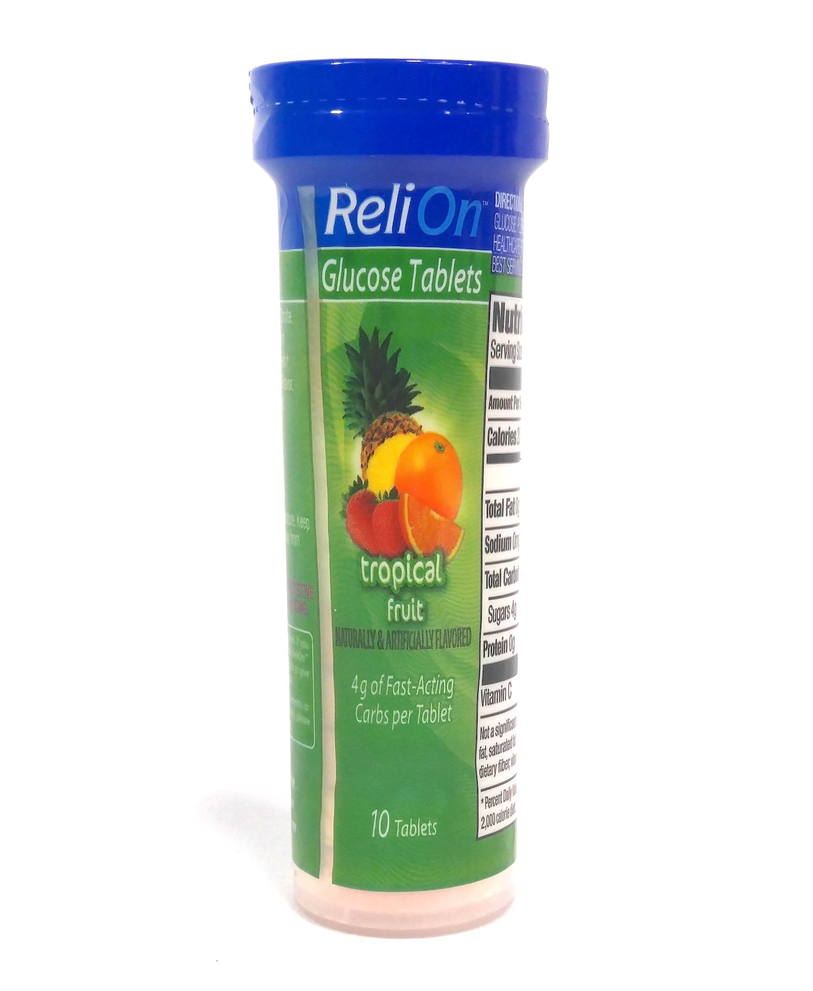 Front view of ReliOn Tropical Fruit glucose tablets in a 10-count on-the-go tube