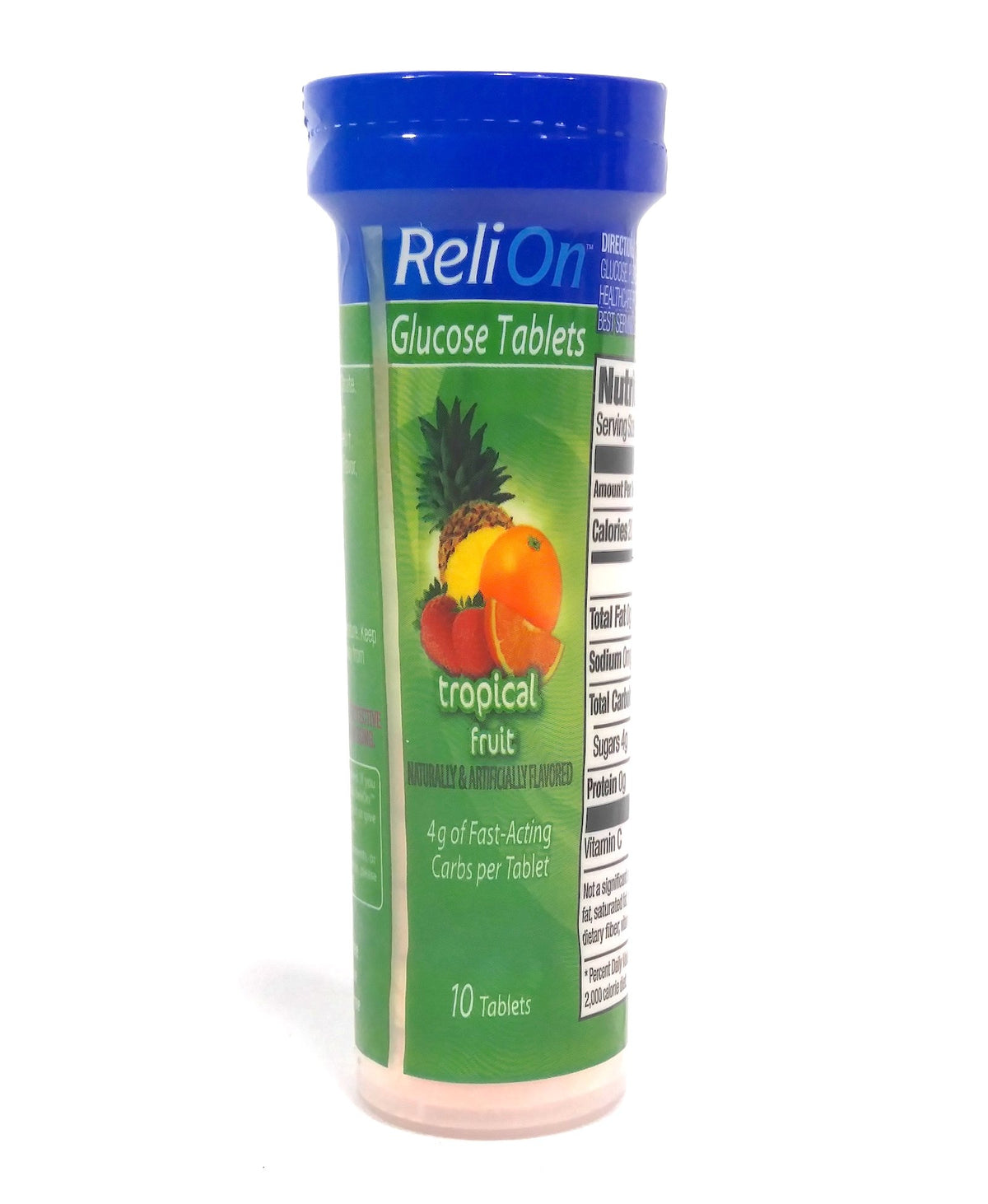 Front view of ReliOn Tropical Fruit glucose tablets in a 10-count on-the-go tube