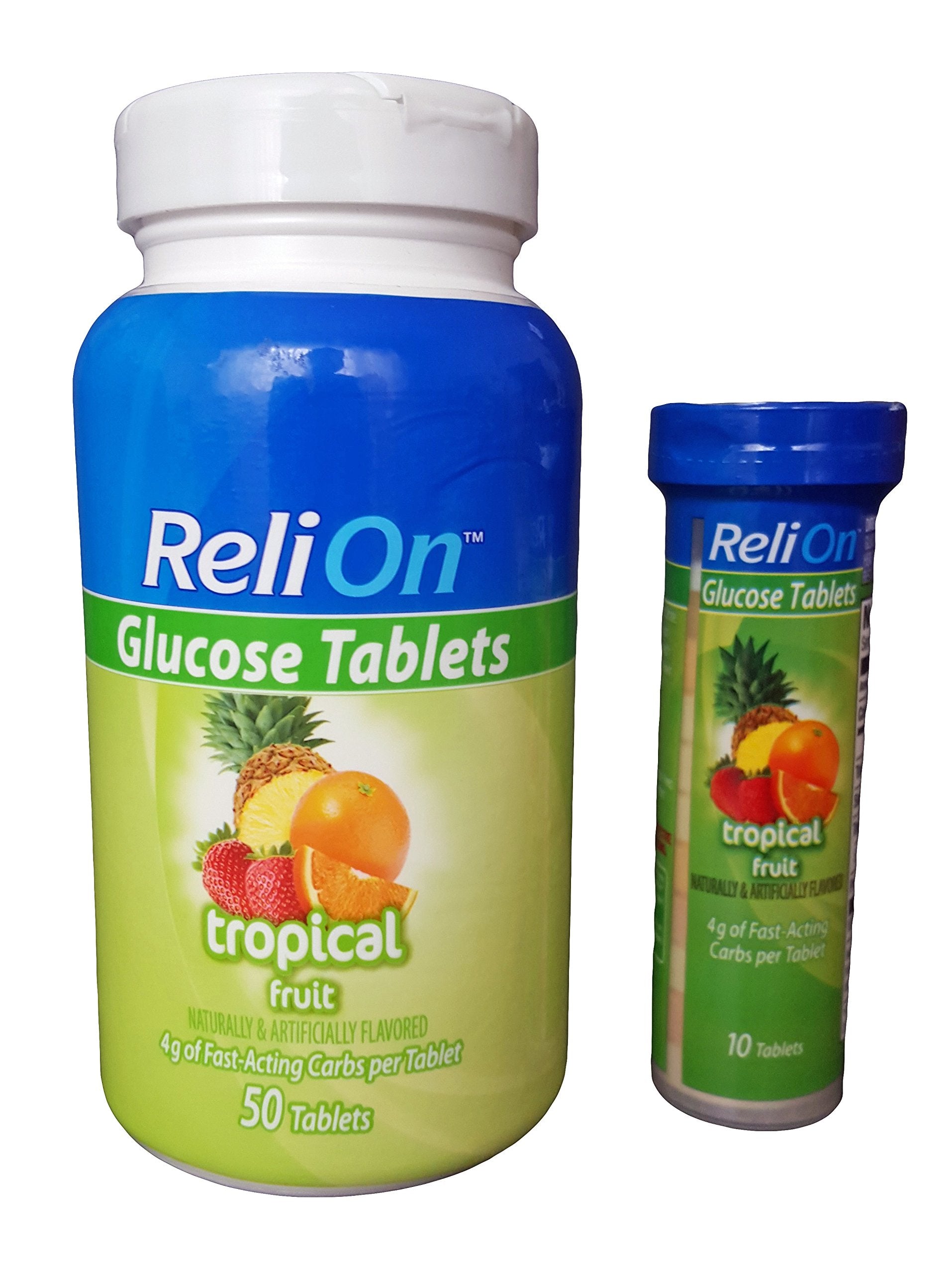 ReliOn Glucose Tablets Tropical Fruit flavor in On-The-Go Tube – front view