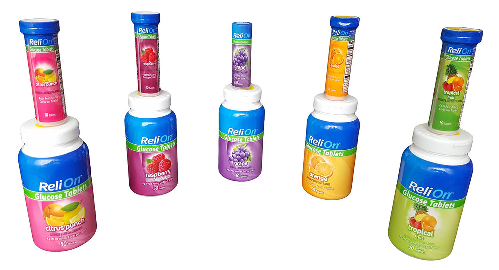 ReliOn orange glucose bottle with On-The-Go tubes packaging