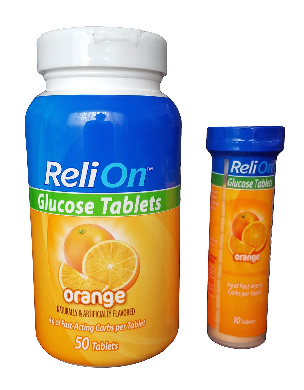 ReliOn orange glucose tablets with On-The-Go tube - front view