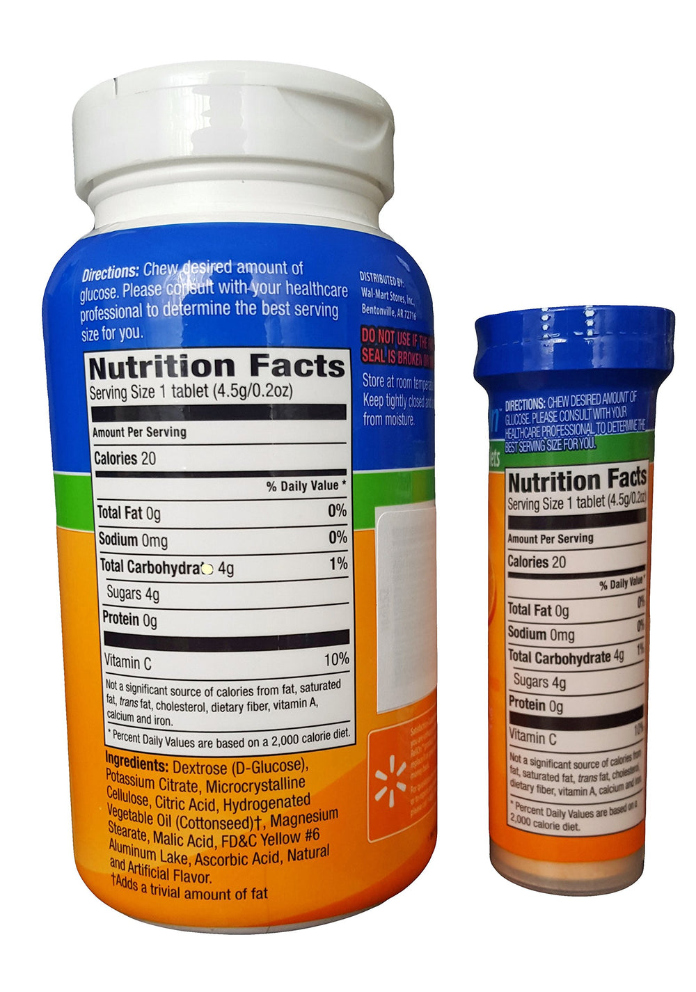 ReliOn orange glucose tablets with On-The-Go tube - side view