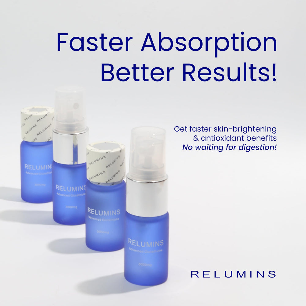 Close-up of 6000mg total Glutathione claim on Relumins bottle