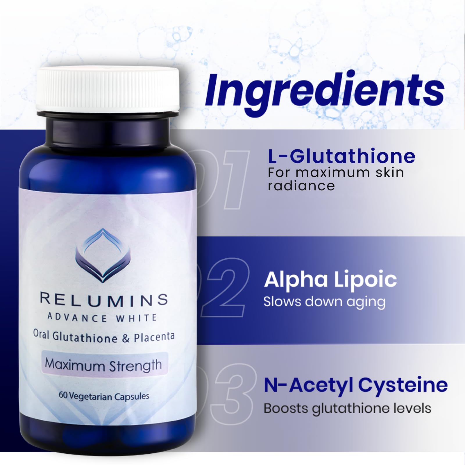 Bottle of Relumins Advanced White Glutathione 800mg capsules with label