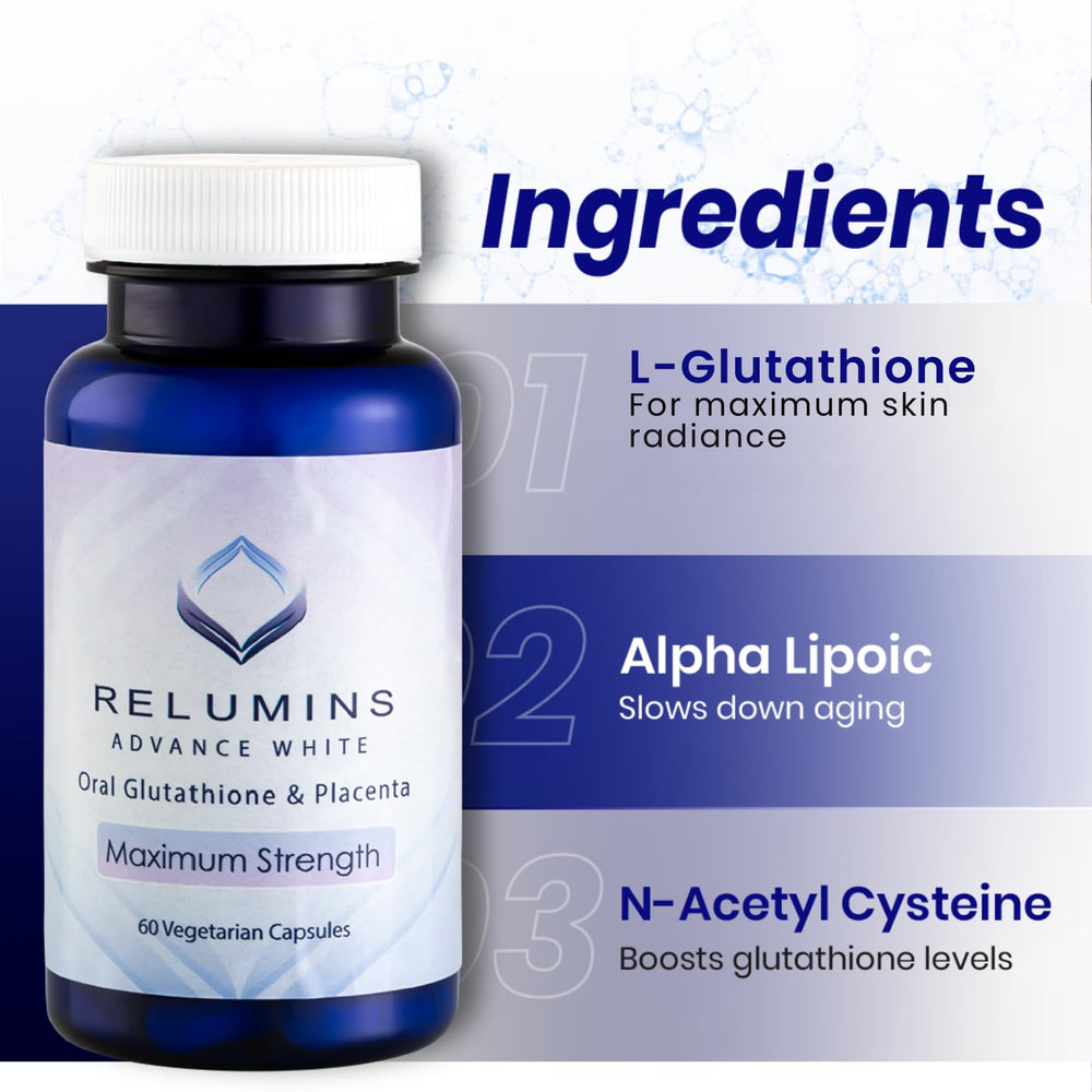 Bottle of Relumins Advanced White Glutathione 800mg capsules with label