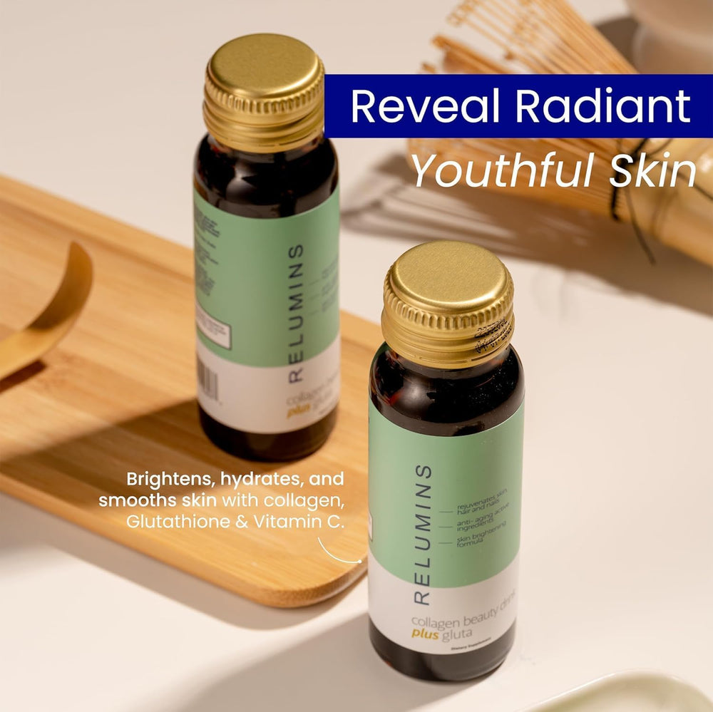 Relumins opened box displaying twenty bottles for monthly routine