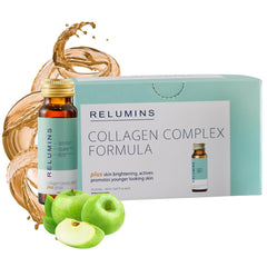 Relumins front packaging of ten bottles showing apple flavor and benefits