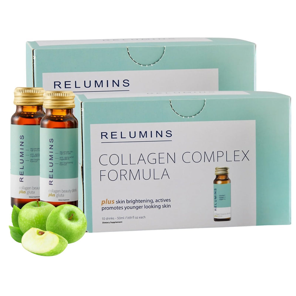 Relumins front packaging showing 20 bottles and product benefits