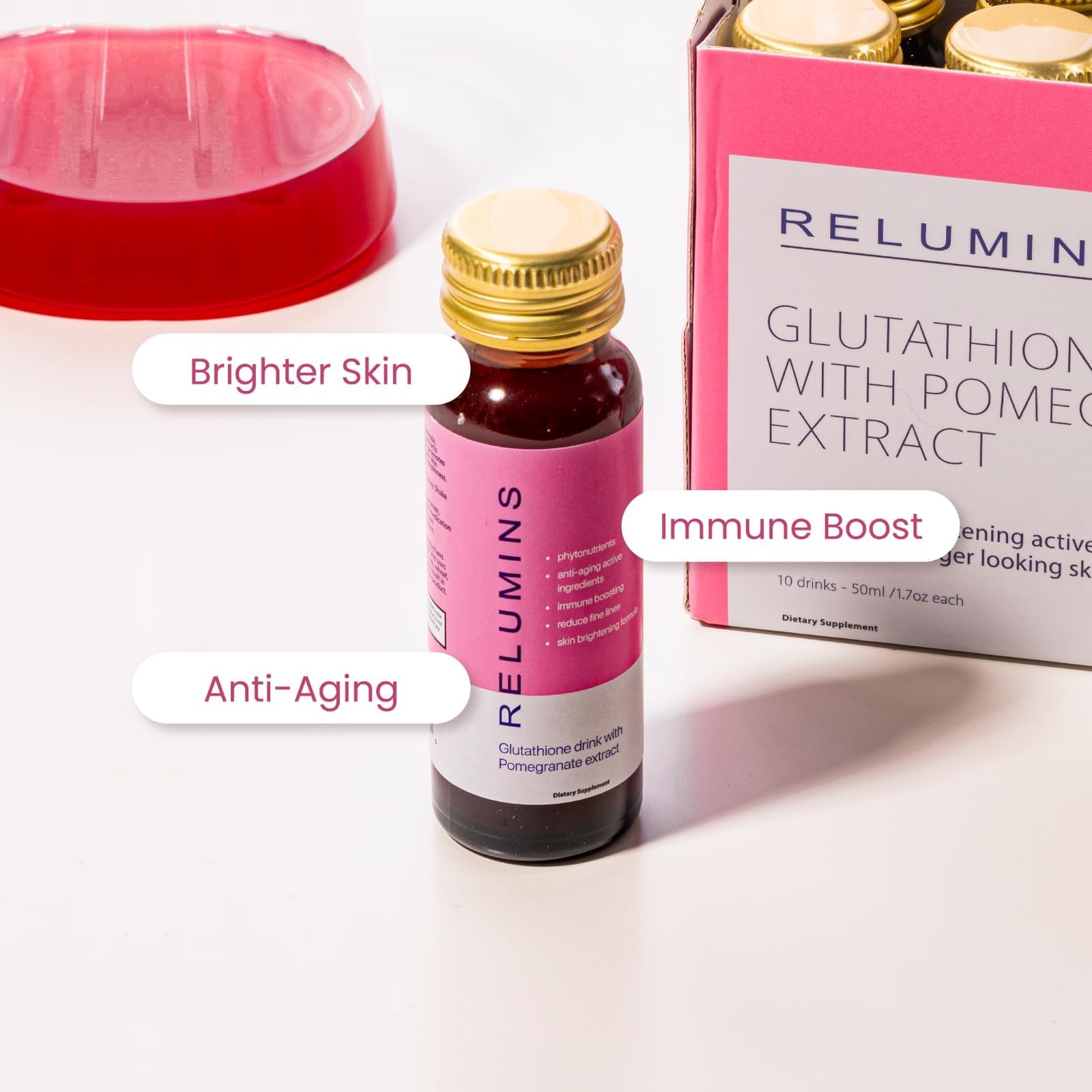 Eco-friendly recyclable glass bottle for Relumins Hydration Shots